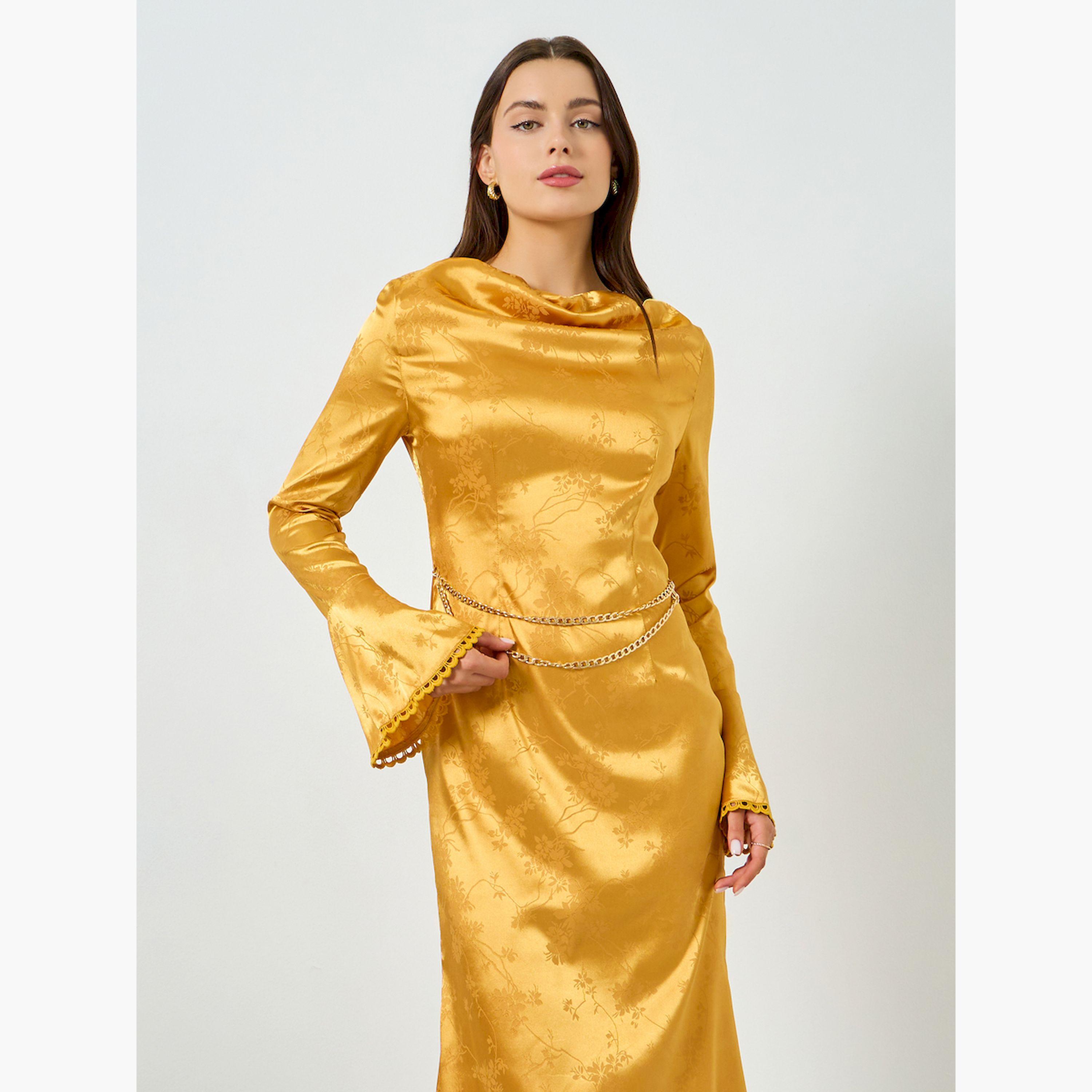 Take Two X Styli Yellow Cowl Neck Flare Sleeve Mermaid Maxi Dress-women-clothing-dresses-image-2