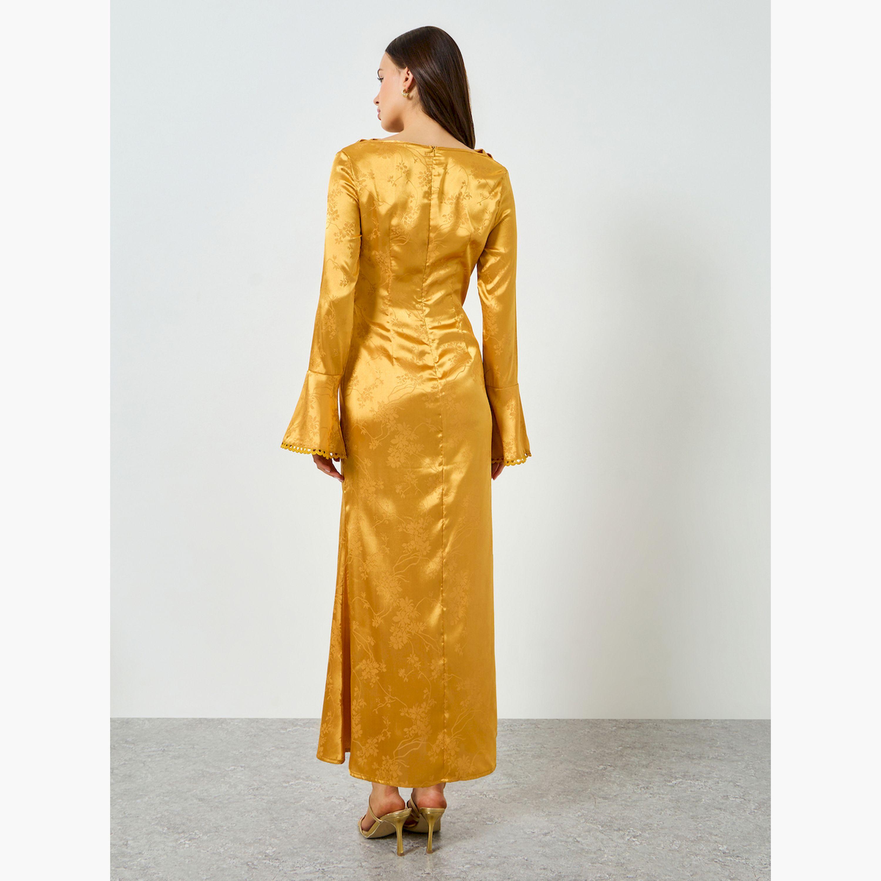 فستان طويل بياقة درابيه وأكمام واسعة قصة ميرميد-women-clothing-dresses-image-5