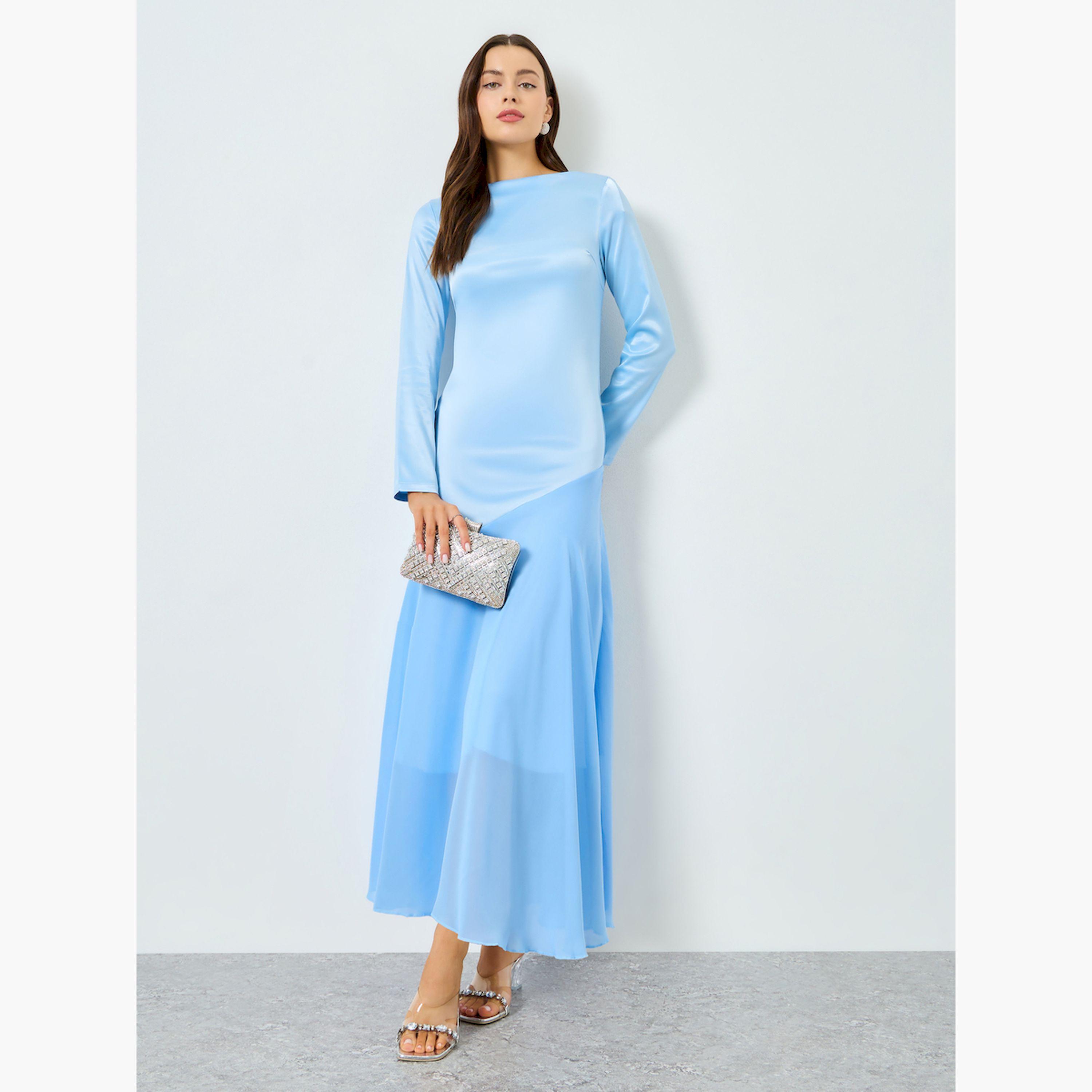 فستان طويل ساتان بياقة قارب وأكمام طويلة-women-clothing-dresses-image-3