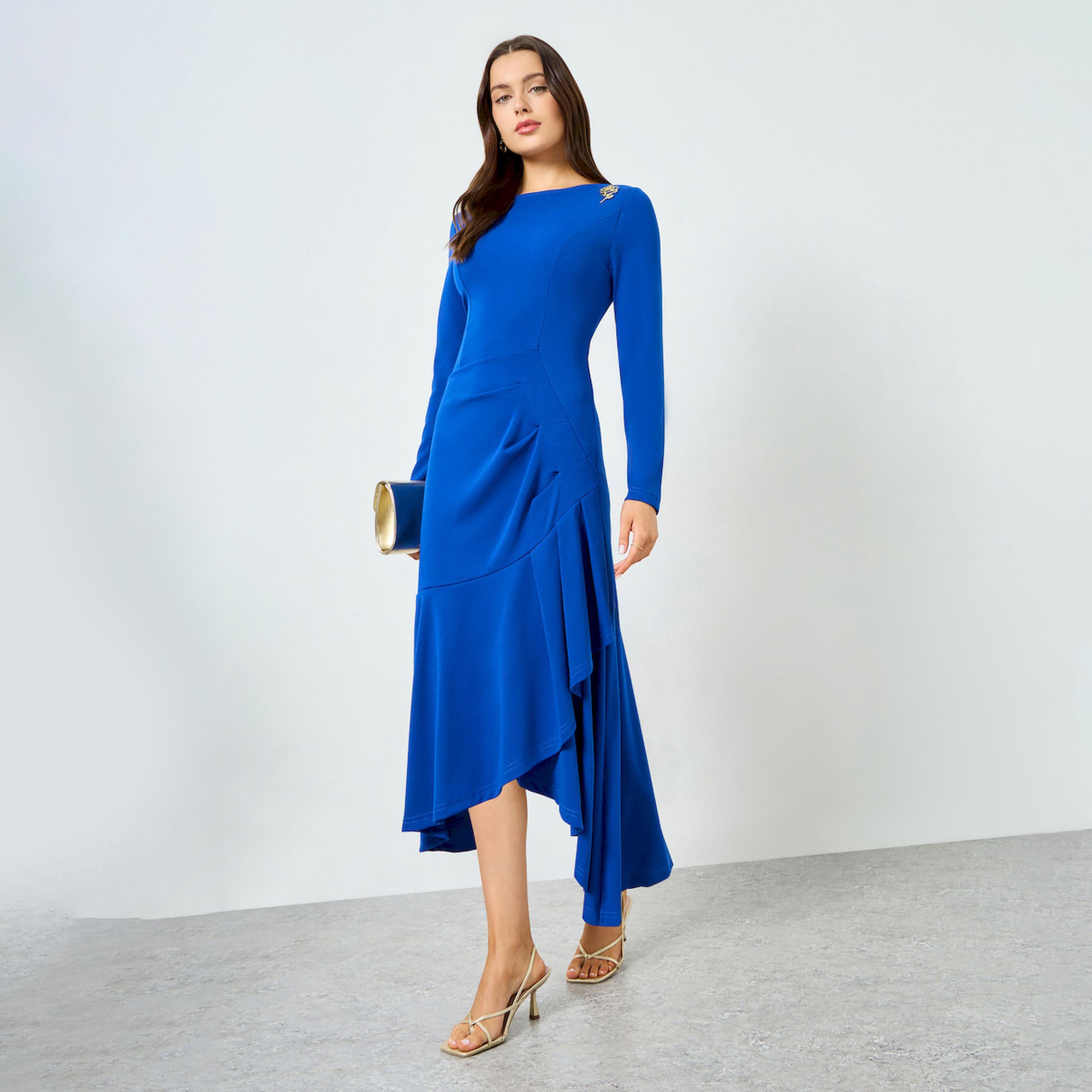 فستان ميدي بتفاصيل كشكش وحاشية غير متماثلة-women-clothing-dresses-image-1