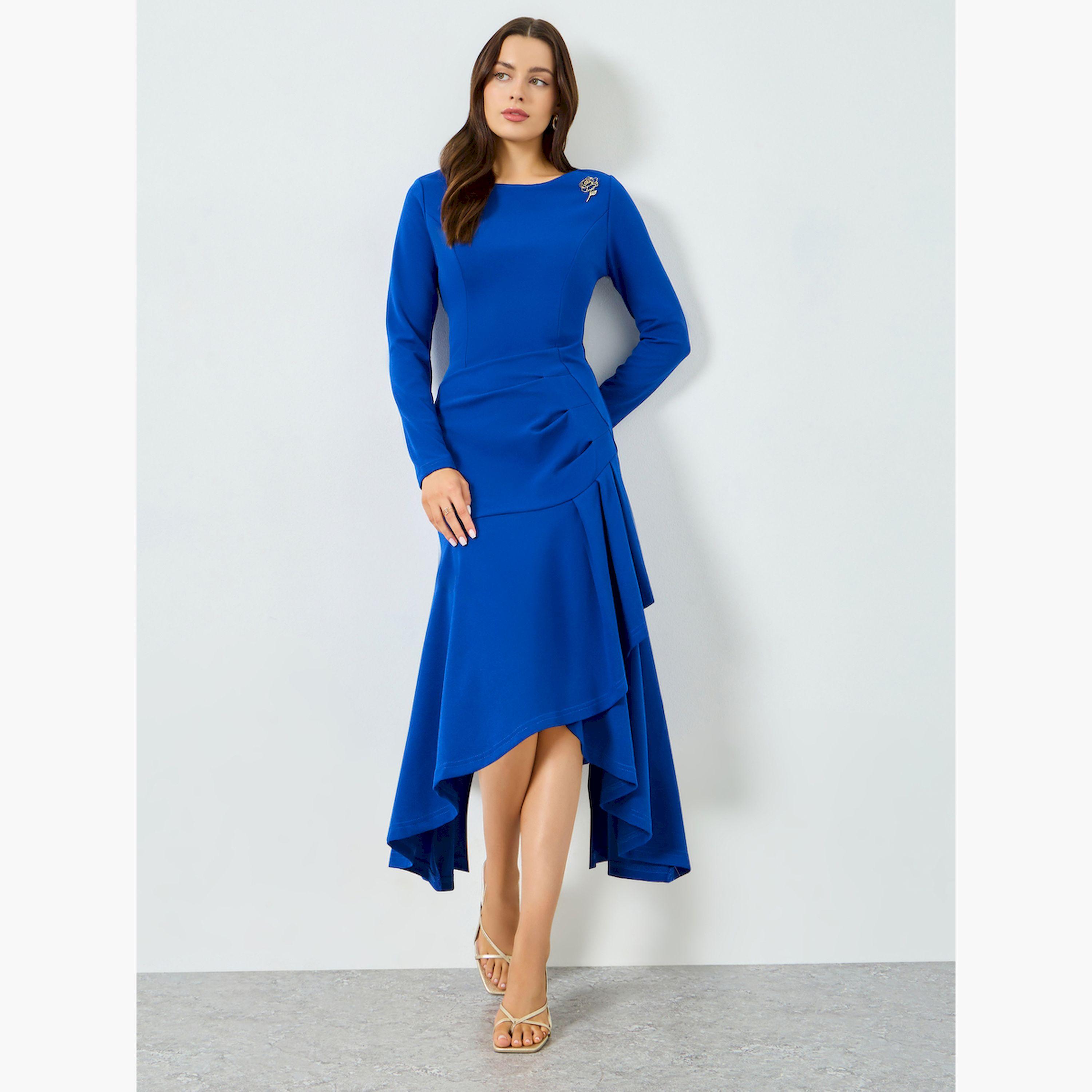 فستان ميدي بتفاصيل كشكش وحاشية غير متماثلة-women-clothing-dresses-image-3