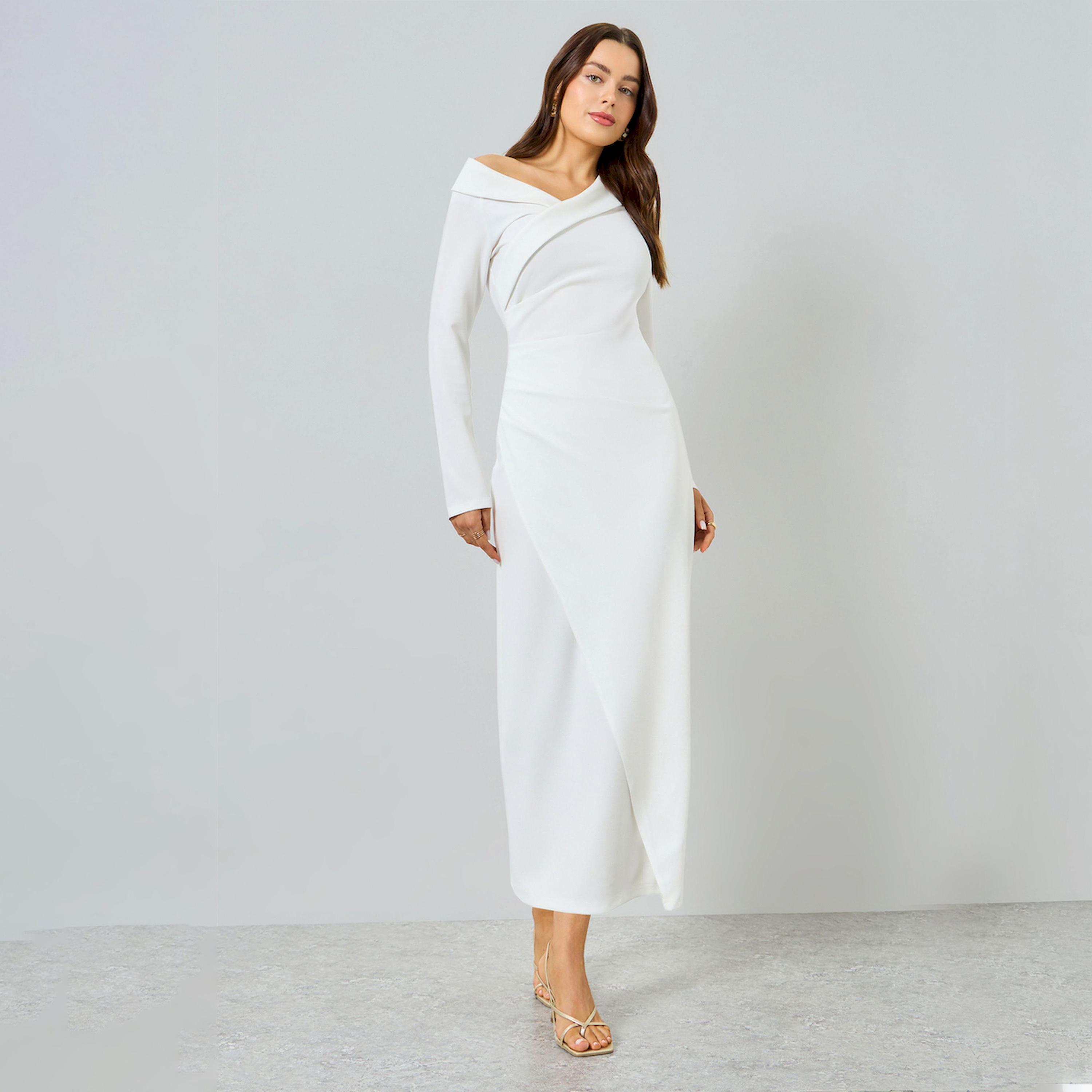 Take Two X Styli Off-White Asymmetric Neck Long Sleeve Maxi Dress-women-clothing-dresses-image-1