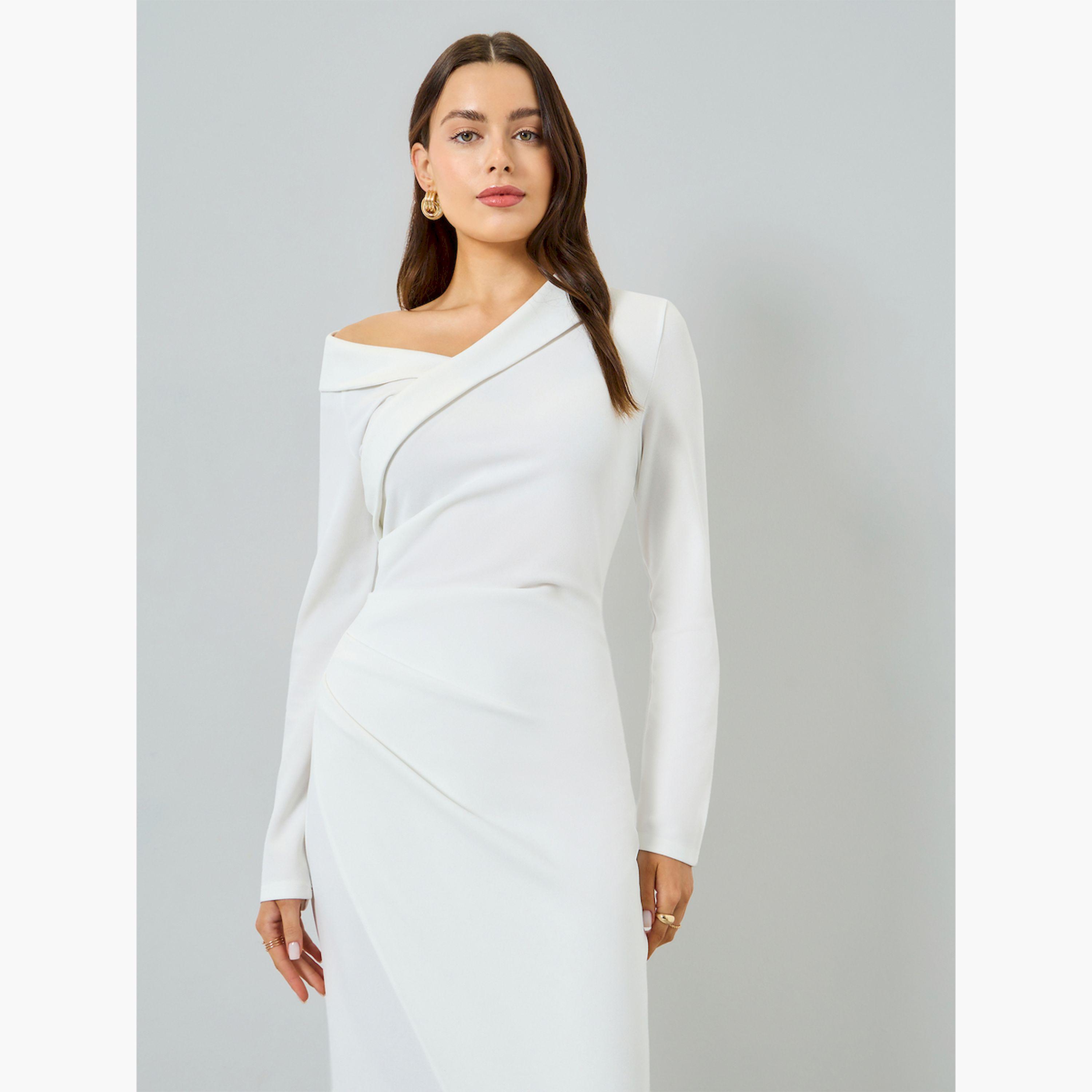 فستان طويل بياقة غير متماثلة وأكمام طويلة-women-clothing-dresses-image-2
