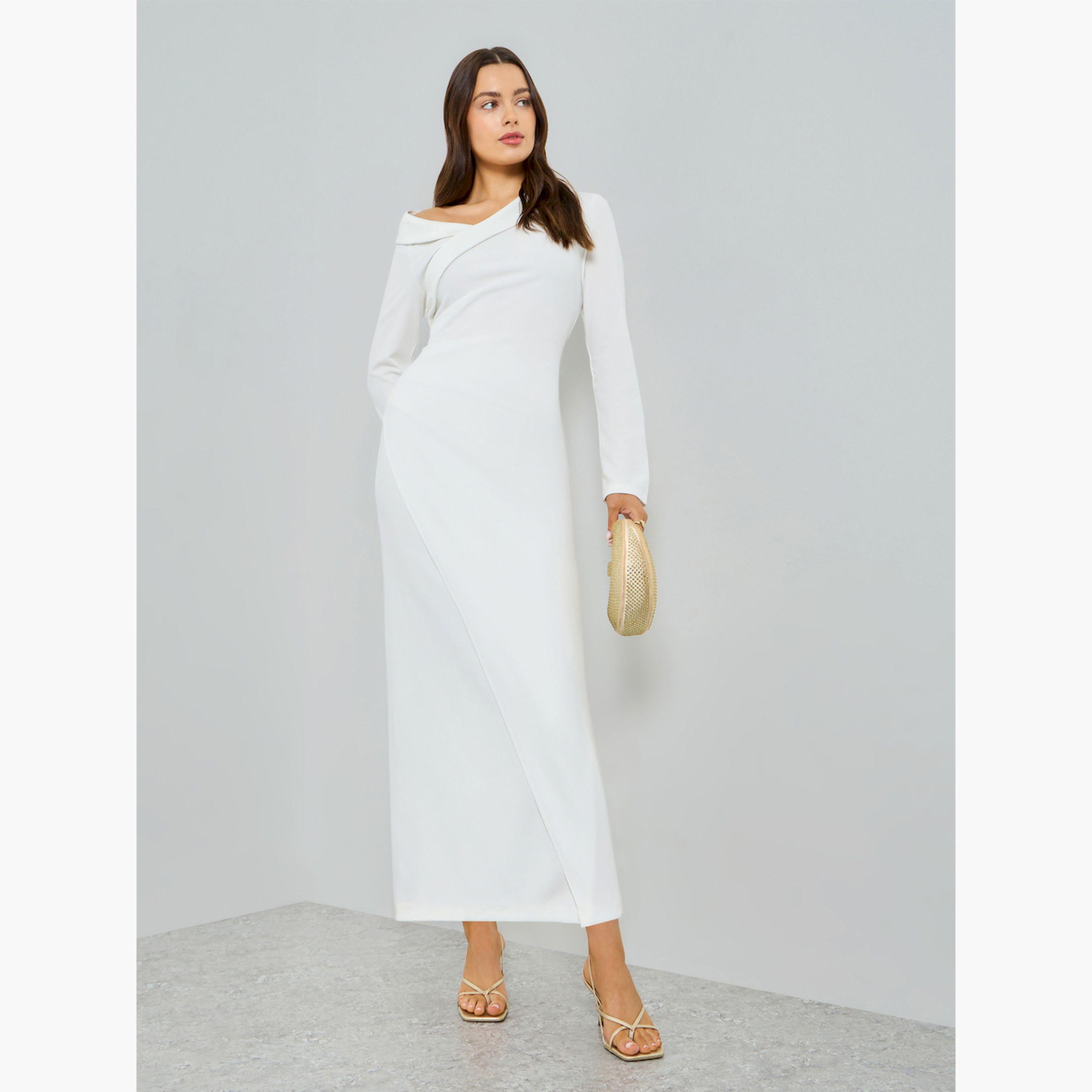 Take Two X Styli Off-White Asymmetric Neck Long Sleeve Maxi Dress-women-clothing-dresses-image-3
