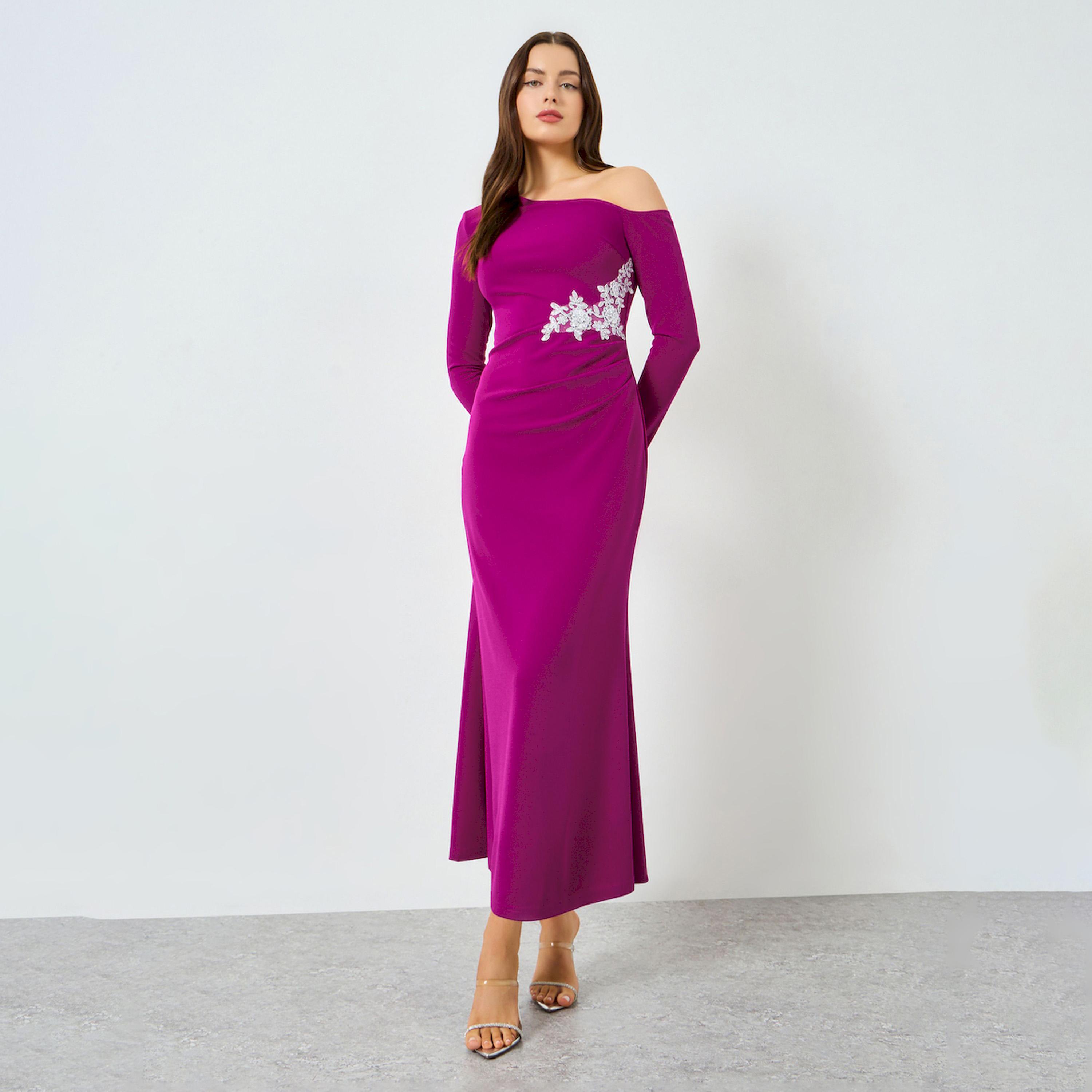 Take Two Purple One Shoulder Embellished Bodycon Midi Dress-women-clothing-dresses-image-1