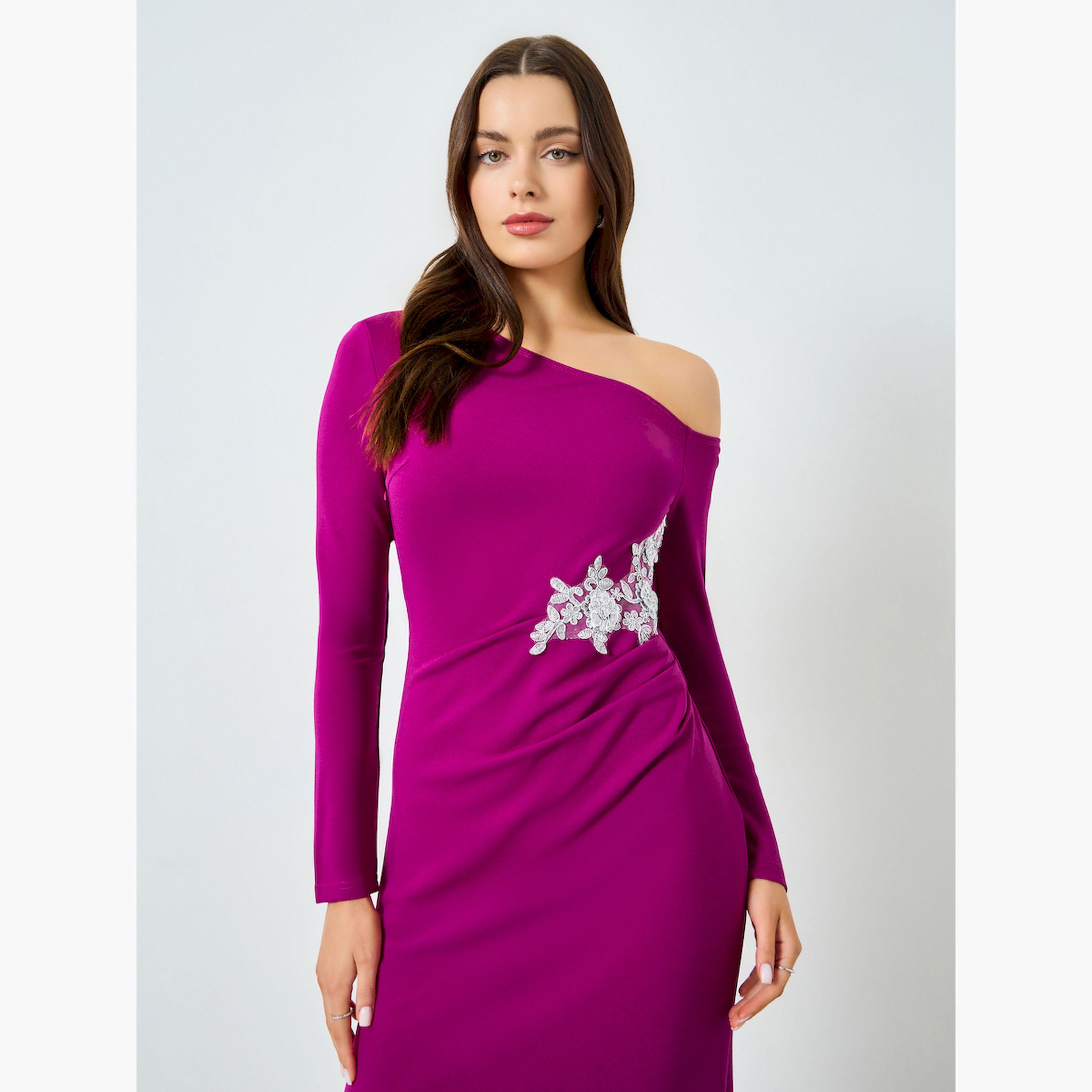 Take Two Purple One Shoulder Embellished Bodycon Midi Dress-women-clothing-dresses-image-2