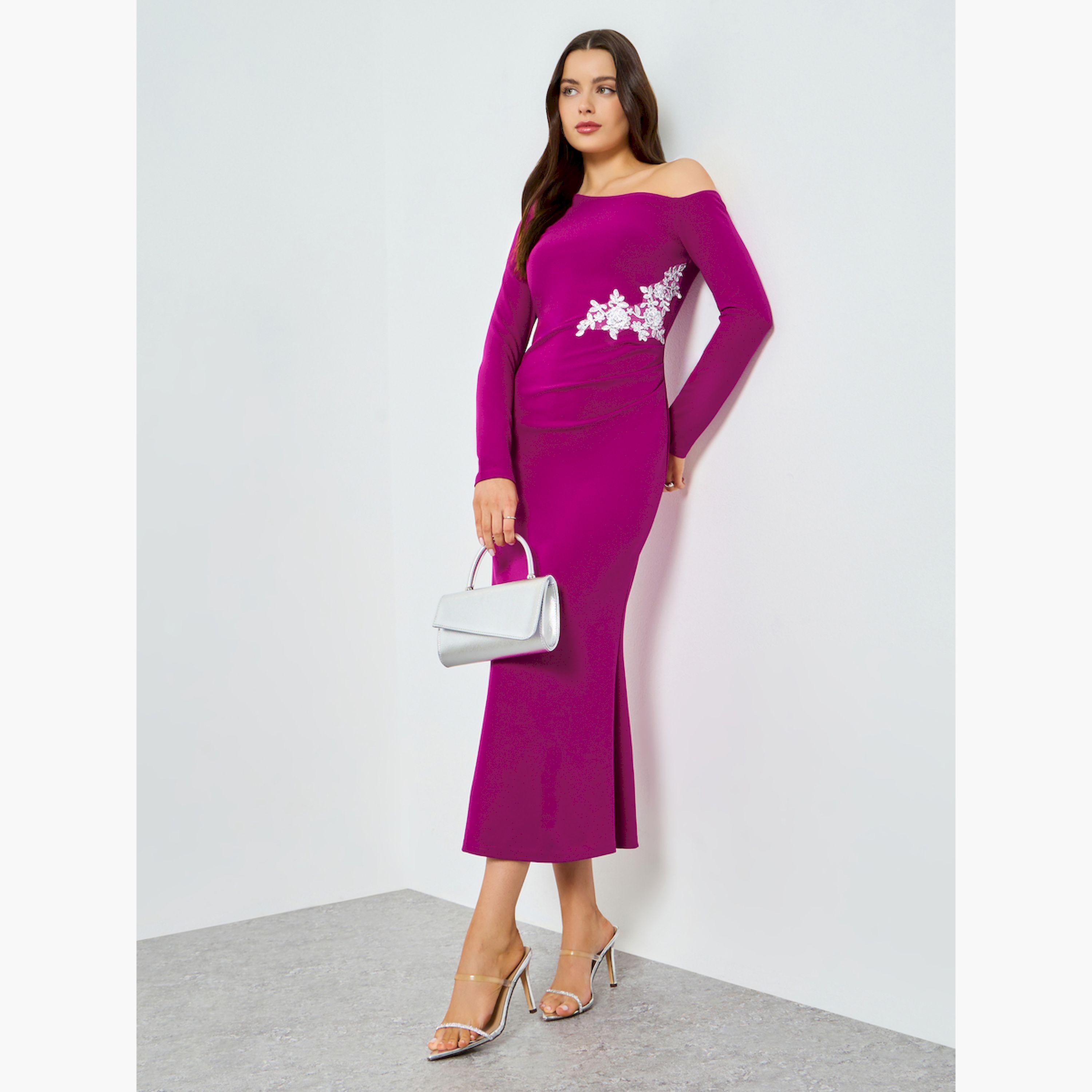 Take Two Purple One Shoulder Embellished Bodycon Midi Dress-women-clothing-dresses-image-3