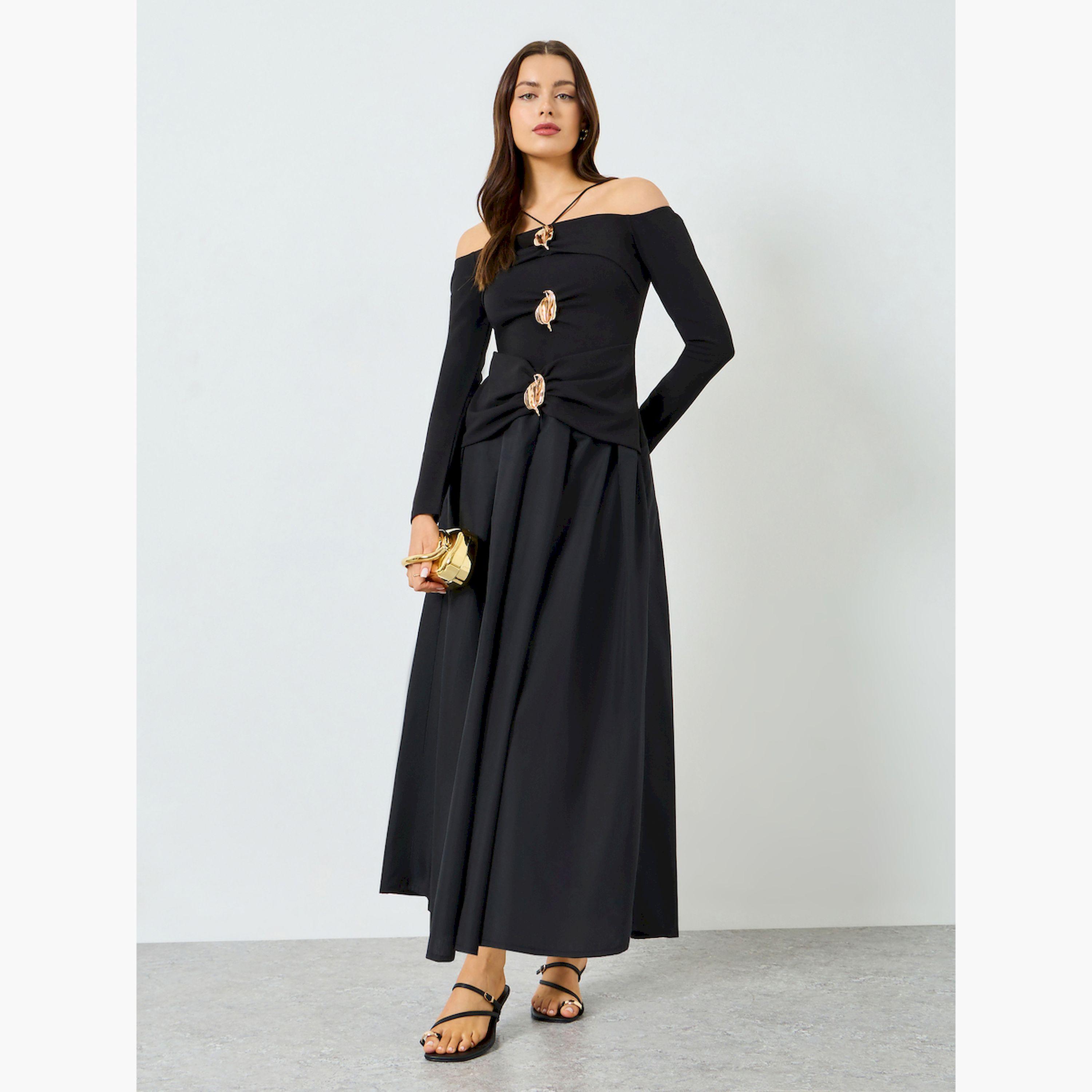 فستان ميدي بأكتاف مكشوفة بتفاصيل أوراق مزينة-women-clothing-dresses-image-1