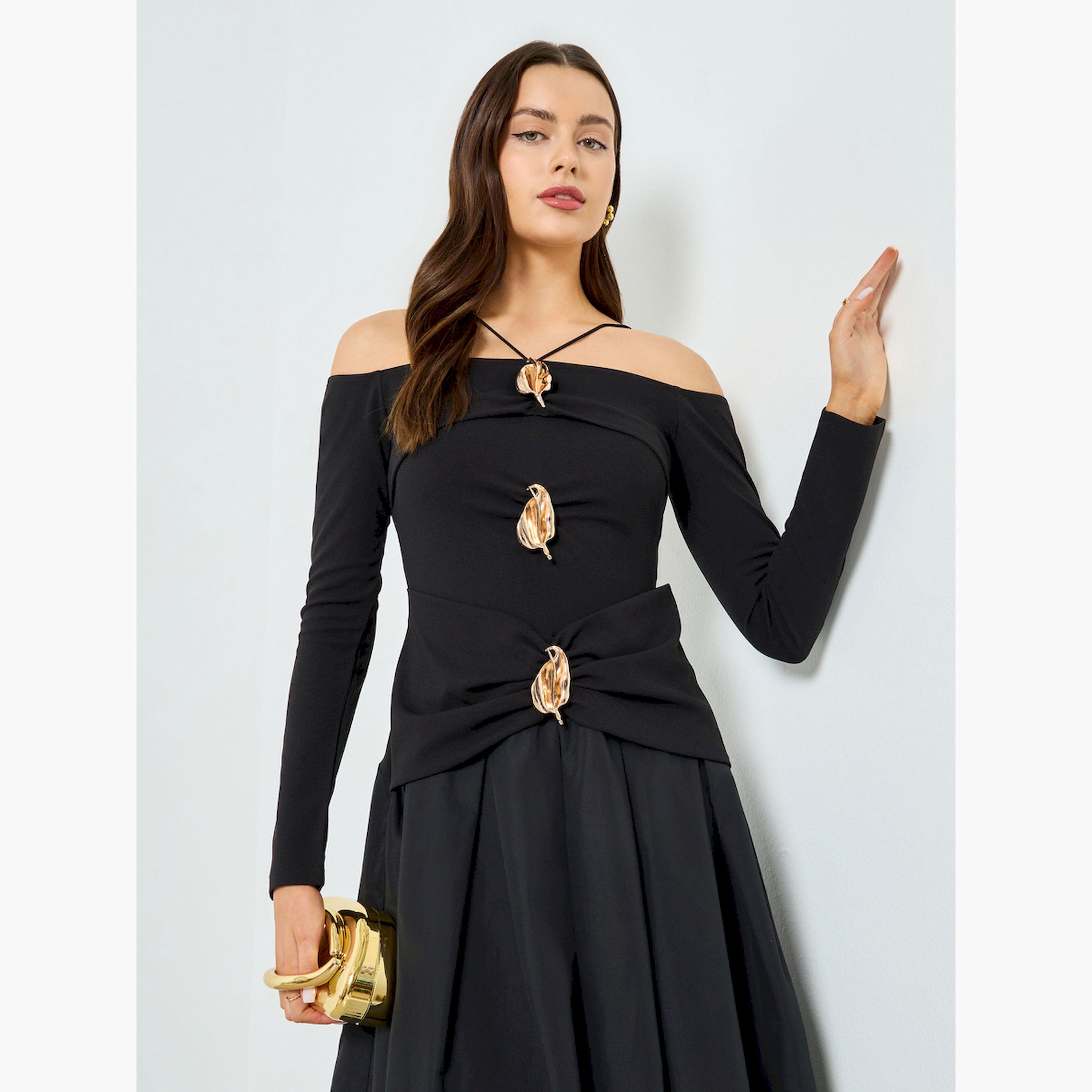 Take Two X Styli Black Off-Shoulder Midi Dress with Embellished Leaf Detail-women-clothing-dresses-image-2