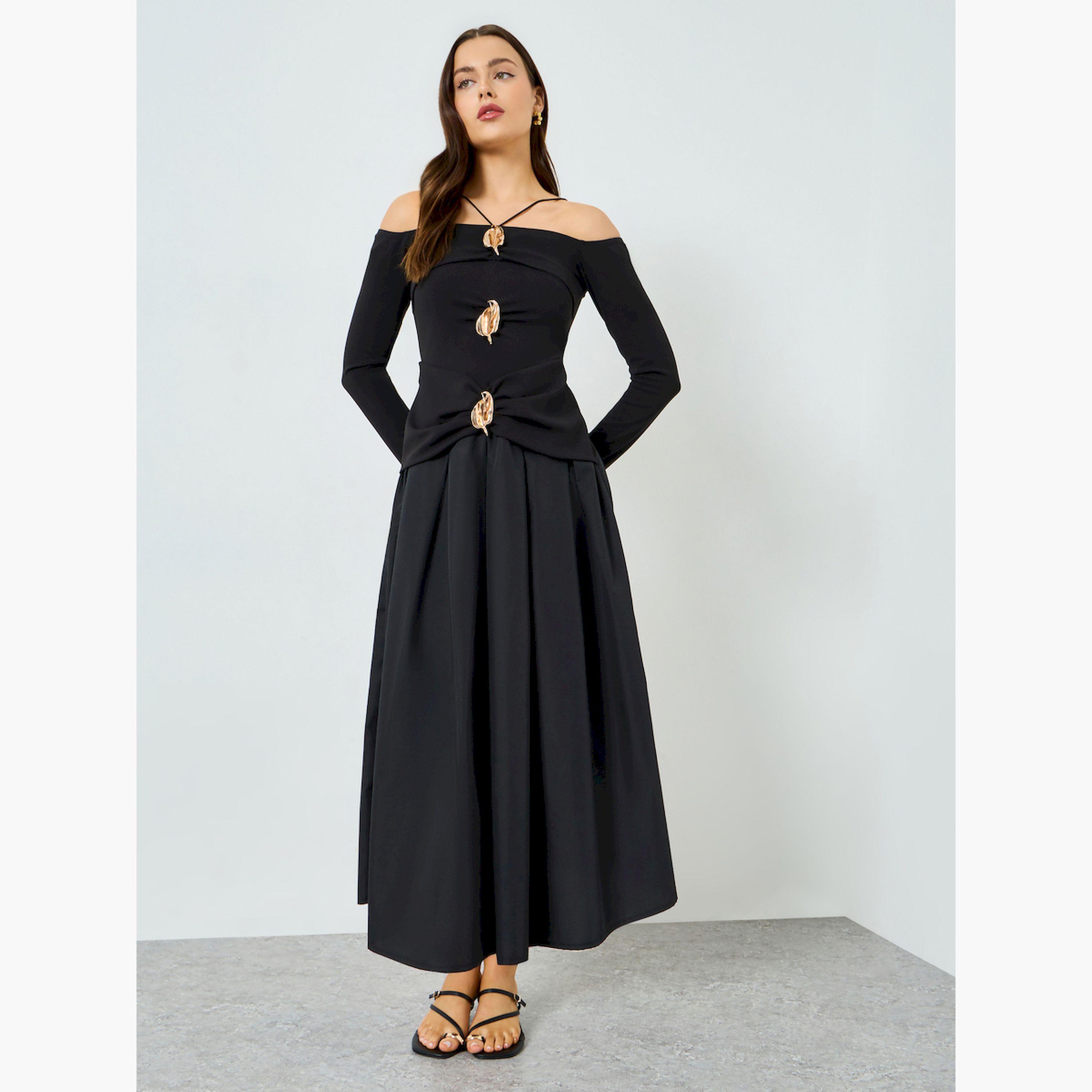 Take Two X Styli Black Off-Shoulder Midi Dress with Embellished Leaf Detail-women-clothing-dresses-image-3