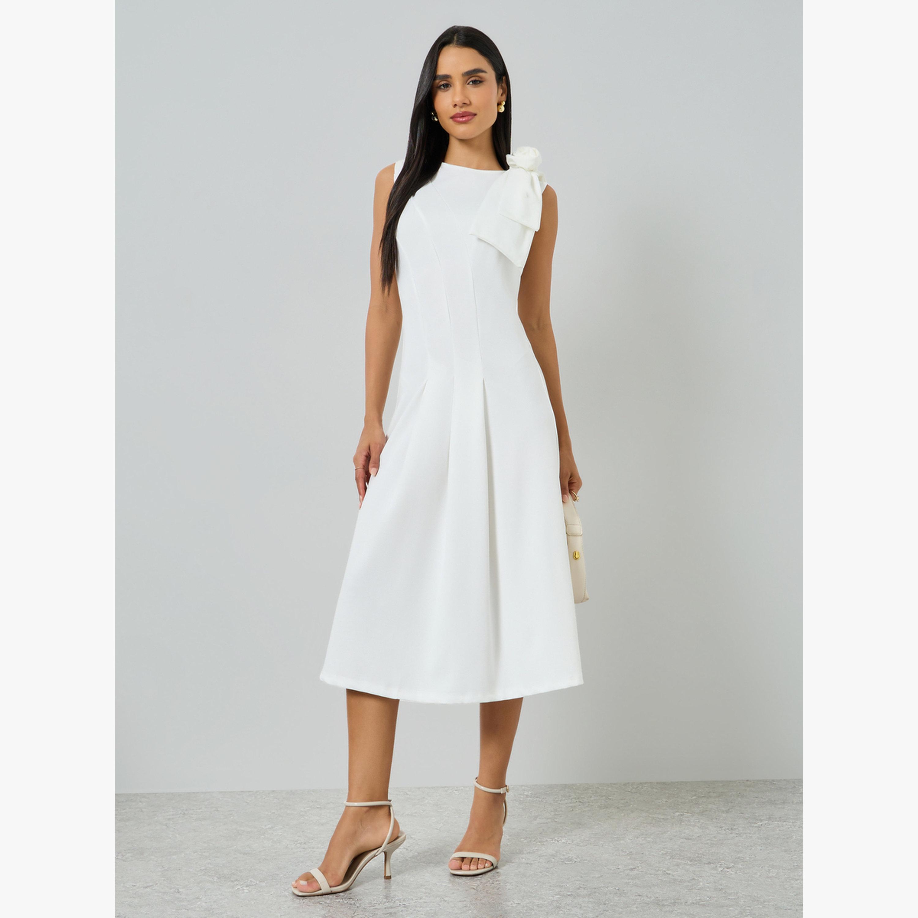 فستان ميدي بلا أكمام وتفاصيل زهور-women-clothing-dresses-image-1