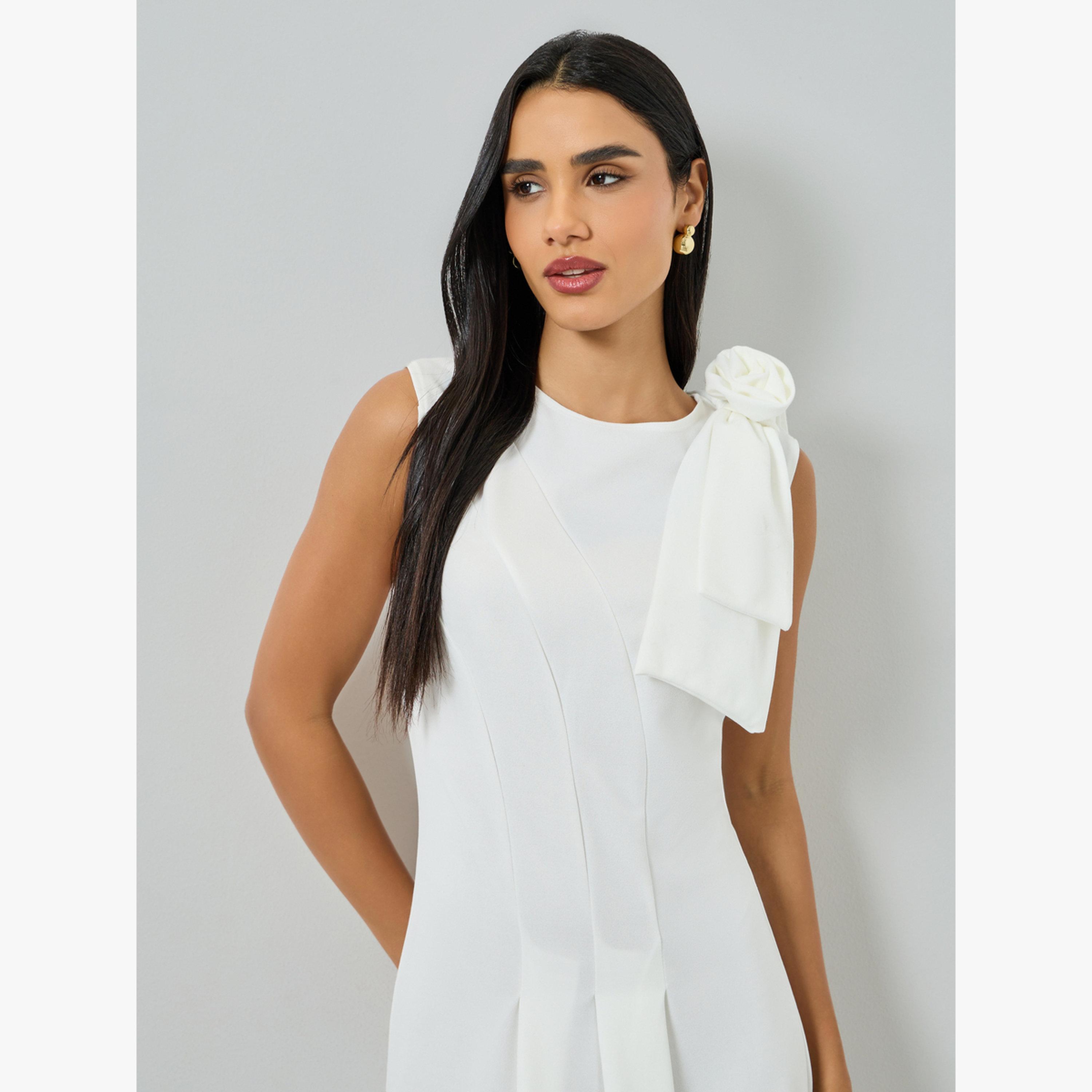 Take Two White Sleeveless Midi Dress with Flower Corsage-women-clothing-dresses-image-2