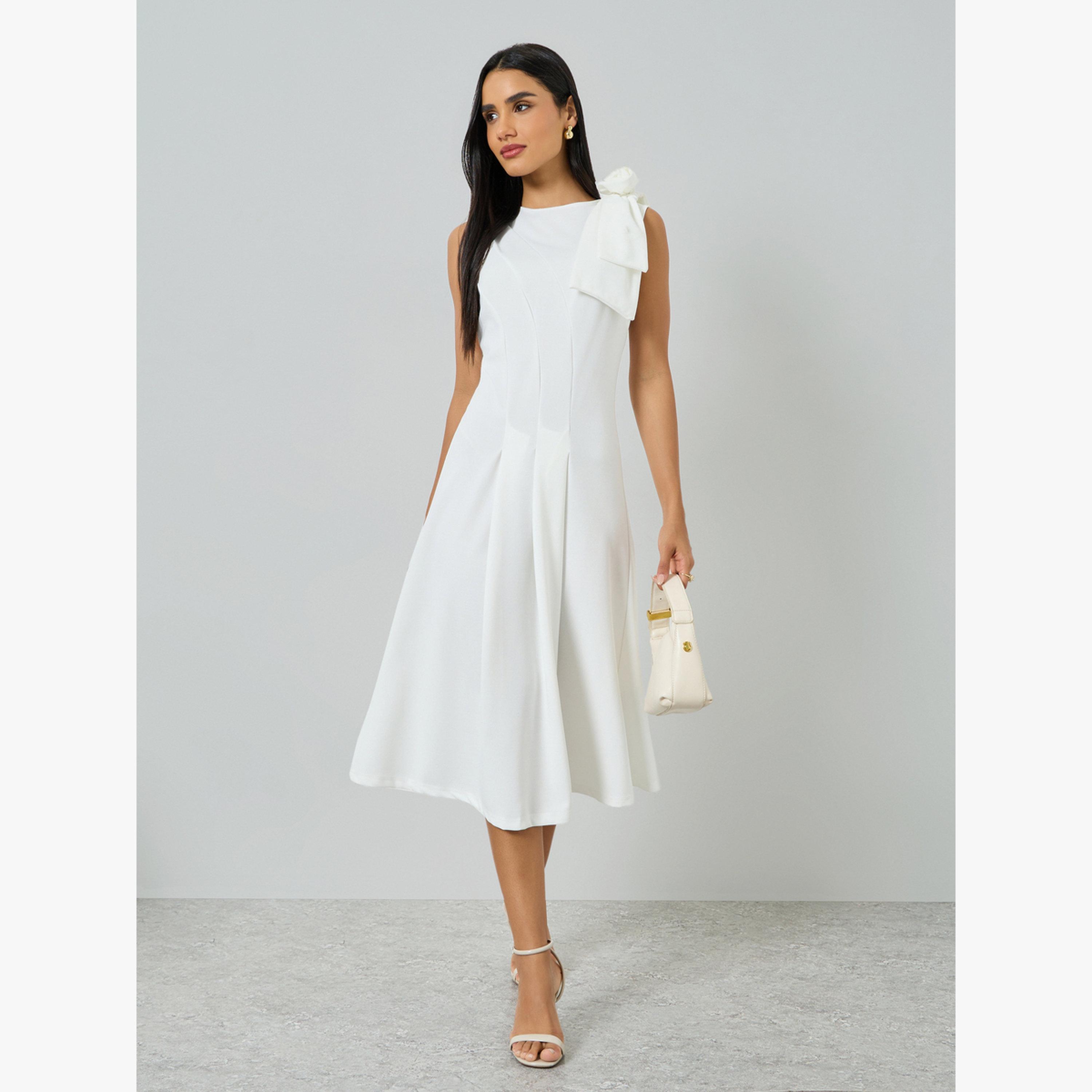 Take Two White Sleeveless Midi Dress with Flower Corsage-women-clothing-dresses-image-3