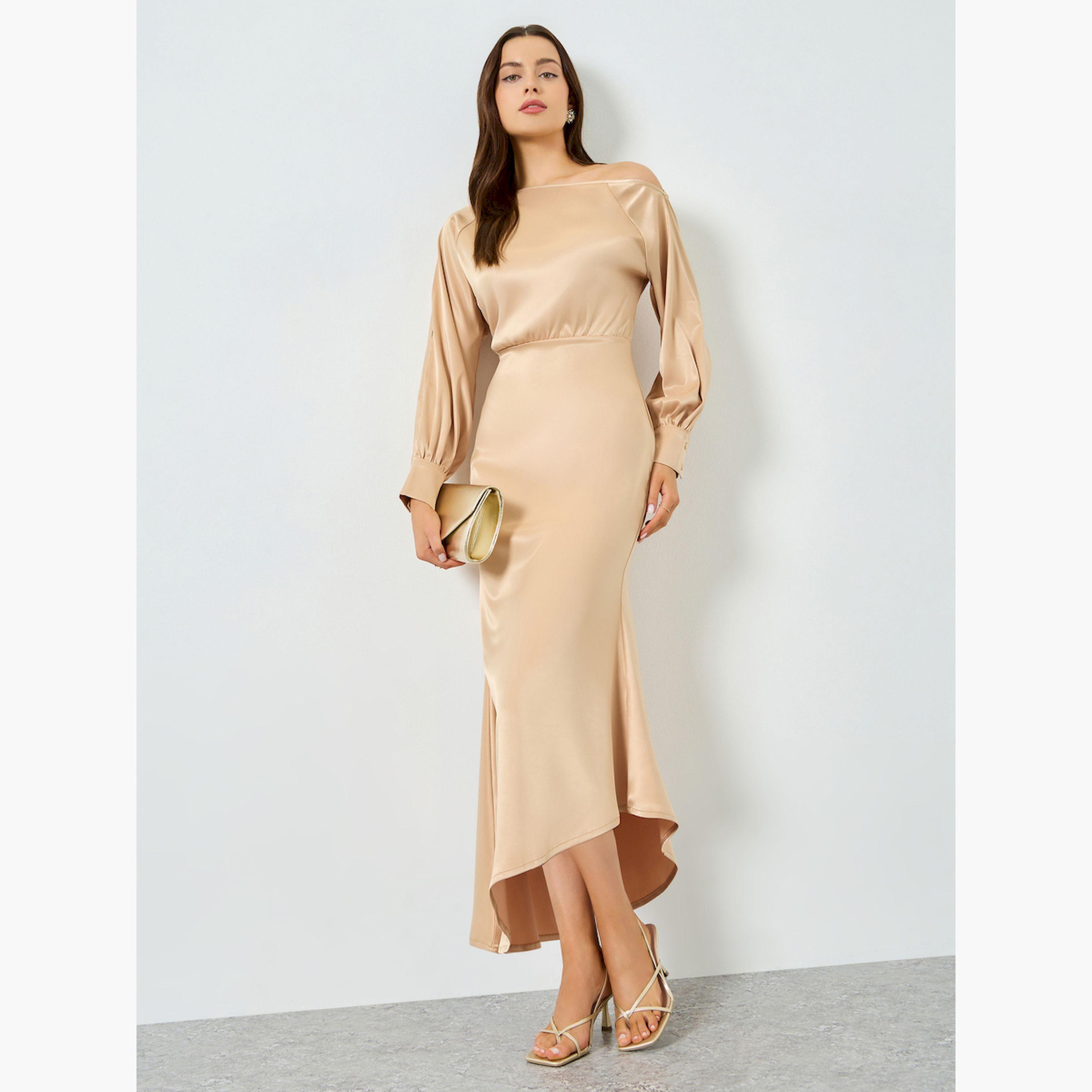 Take Two X Styli Beige Satin One Shoulder Balloon Sleeve Midi Dress-women-clothing-dresses-image-1