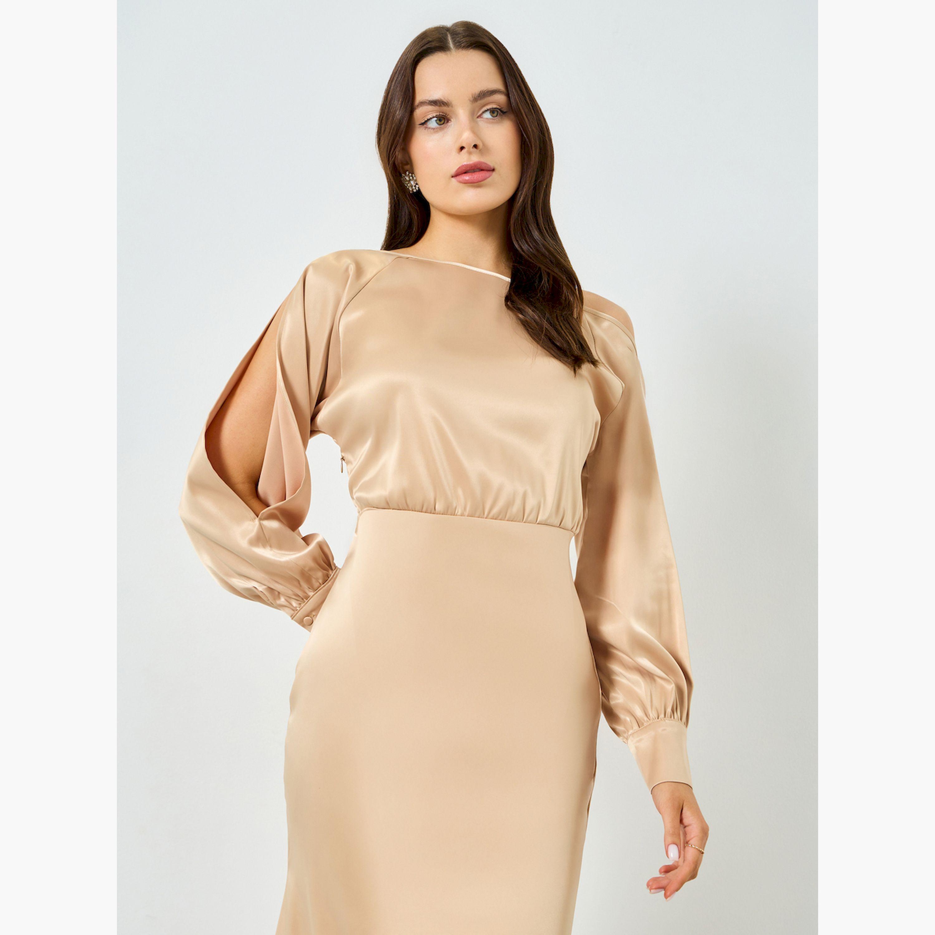 Take Two X Styli Beige Satin One Shoulder Balloon Sleeve Midi Dress-women-clothing-dresses-image-2