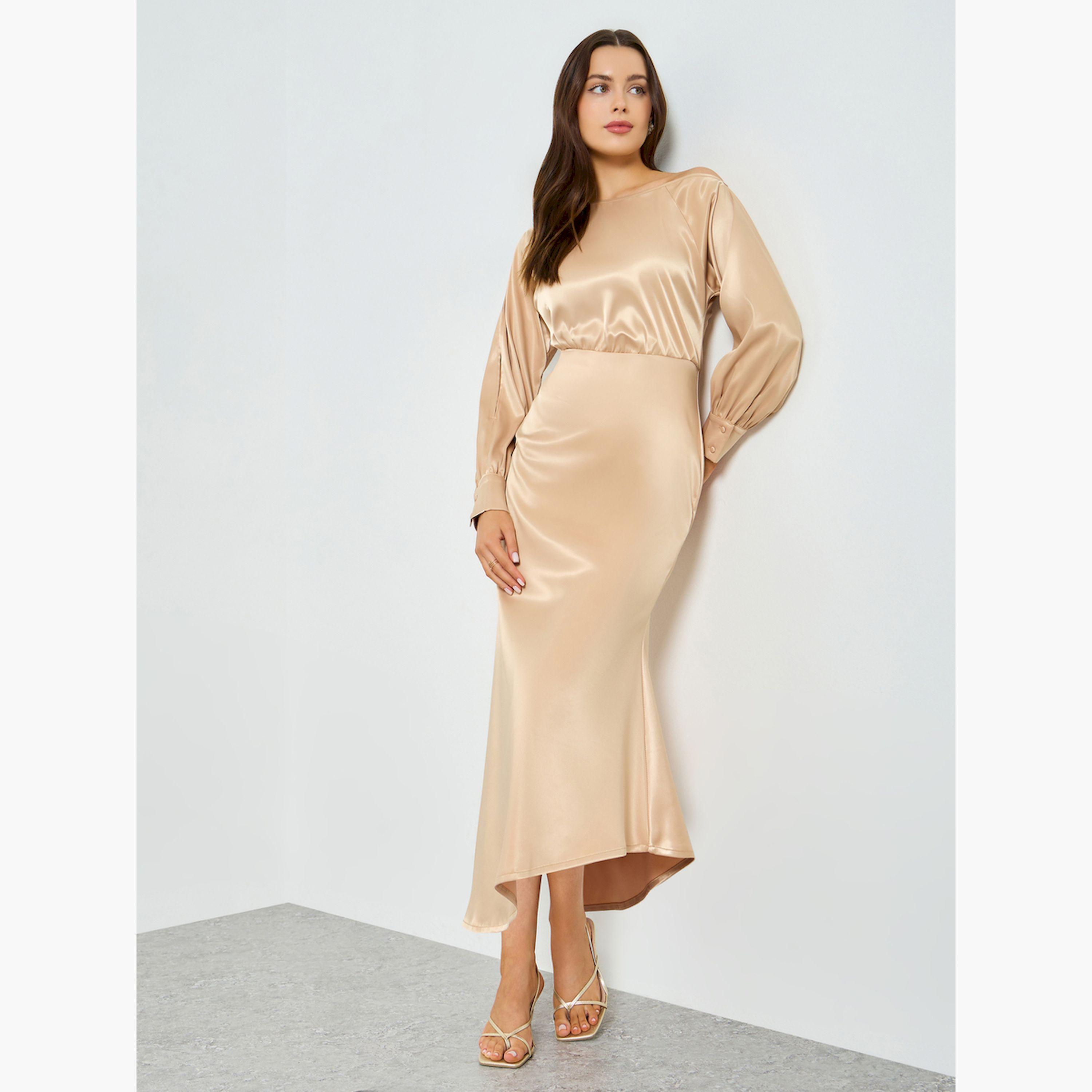 Take Two X Styli Beige Satin One Shoulder Balloon Sleeve Midi Dress-women-clothing-dresses-image-3