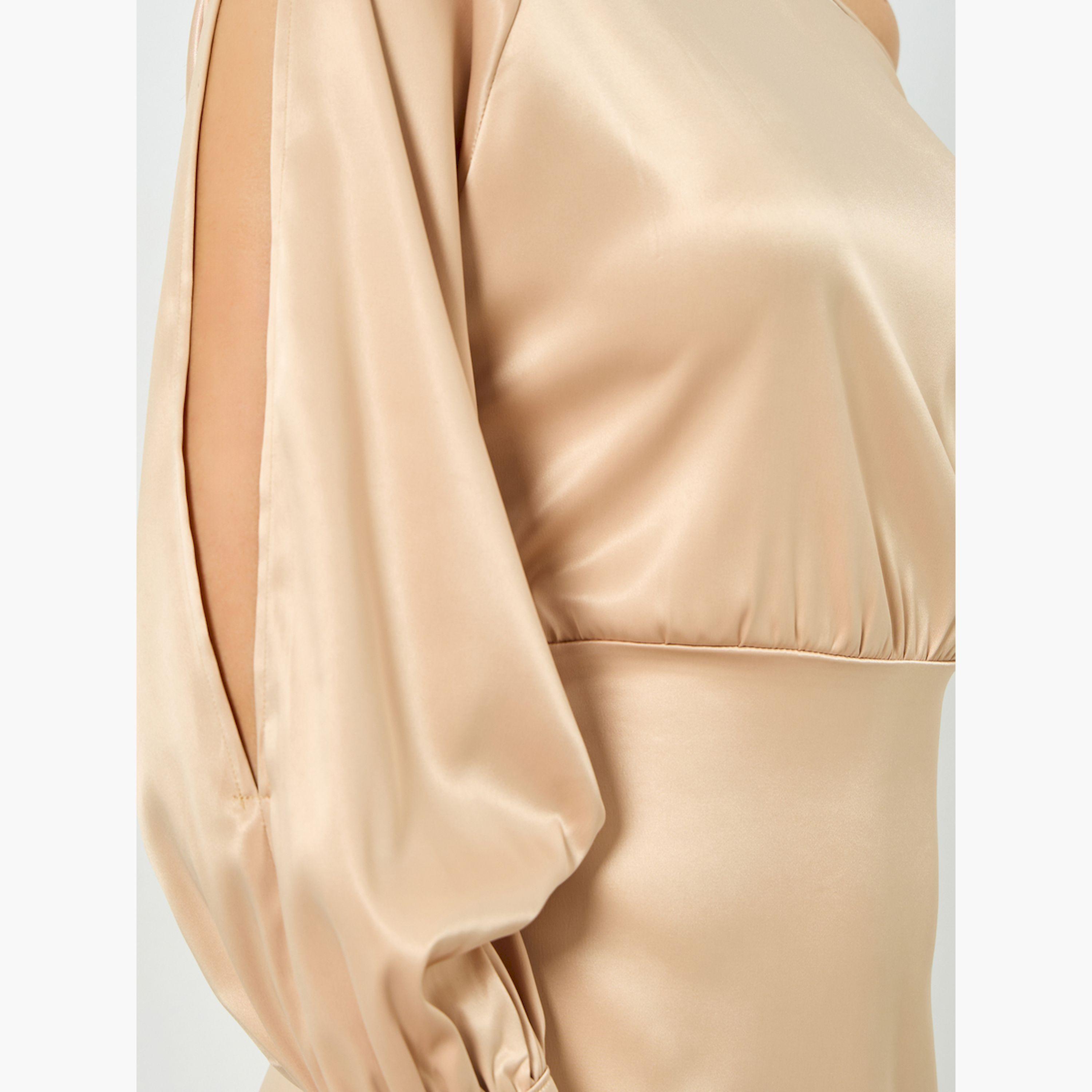 Take Two X Styli Beige Satin One Shoulder Balloon Sleeve Midi Dress-women-clothing-dresses-image-5