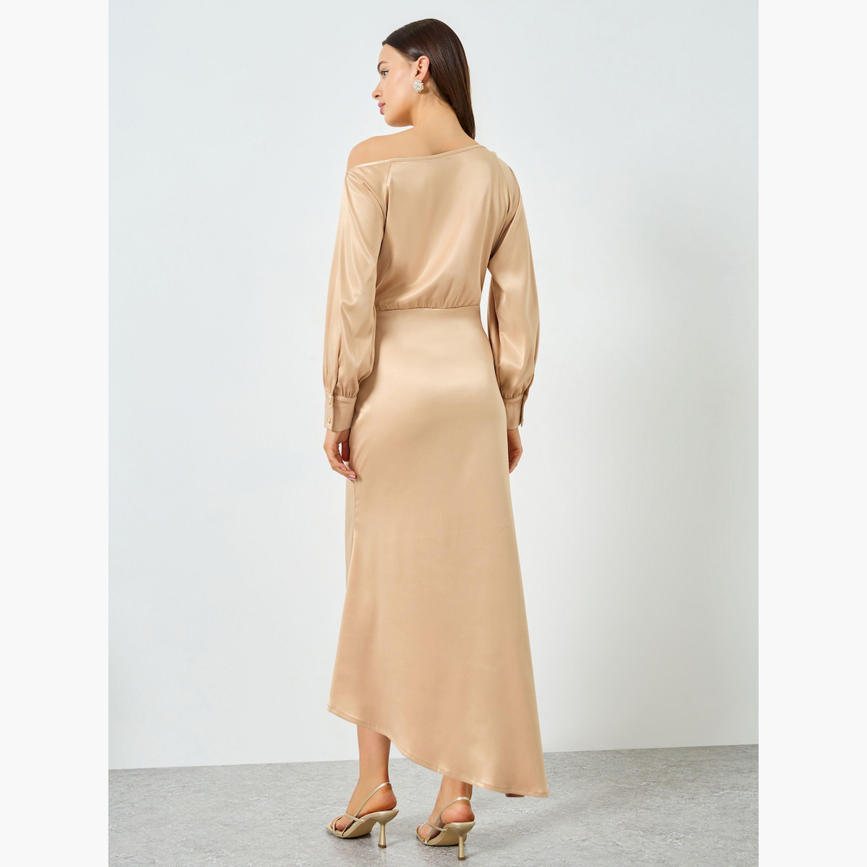 Take Two X Styli Beige Satin One Shoulder Balloon Sleeve Midi Dress-women-clothing-dresses-image-6