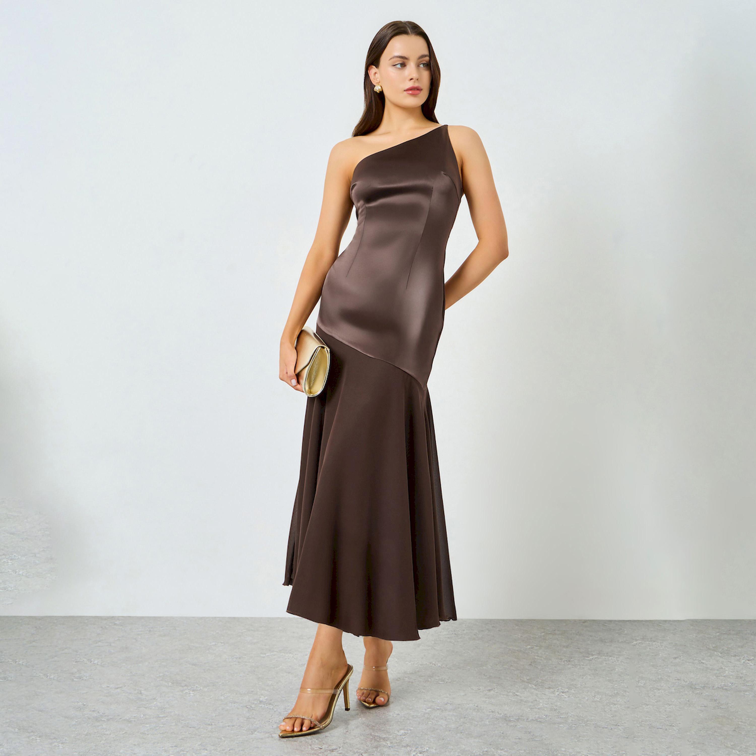 Take Two Brown Satin One Shoulder Neck Midi Dress-women-clothing-dresses-image-1
