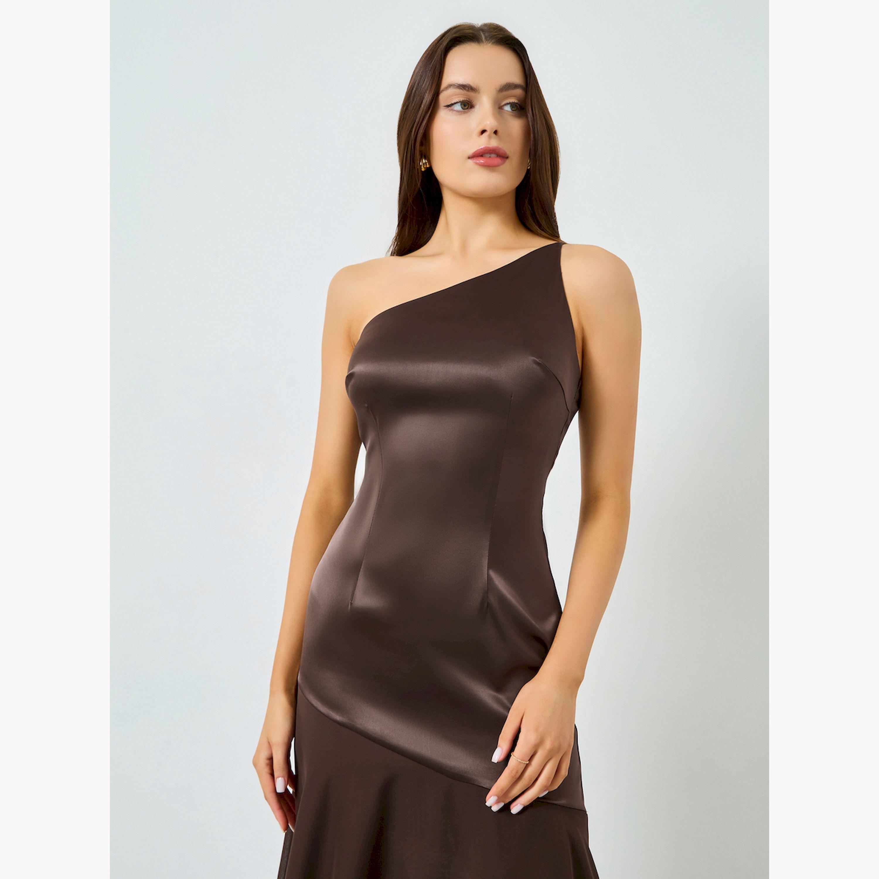Take Two Brown Satin One Shoulder Neck Midi Dress-women-clothing-dresses-image-2