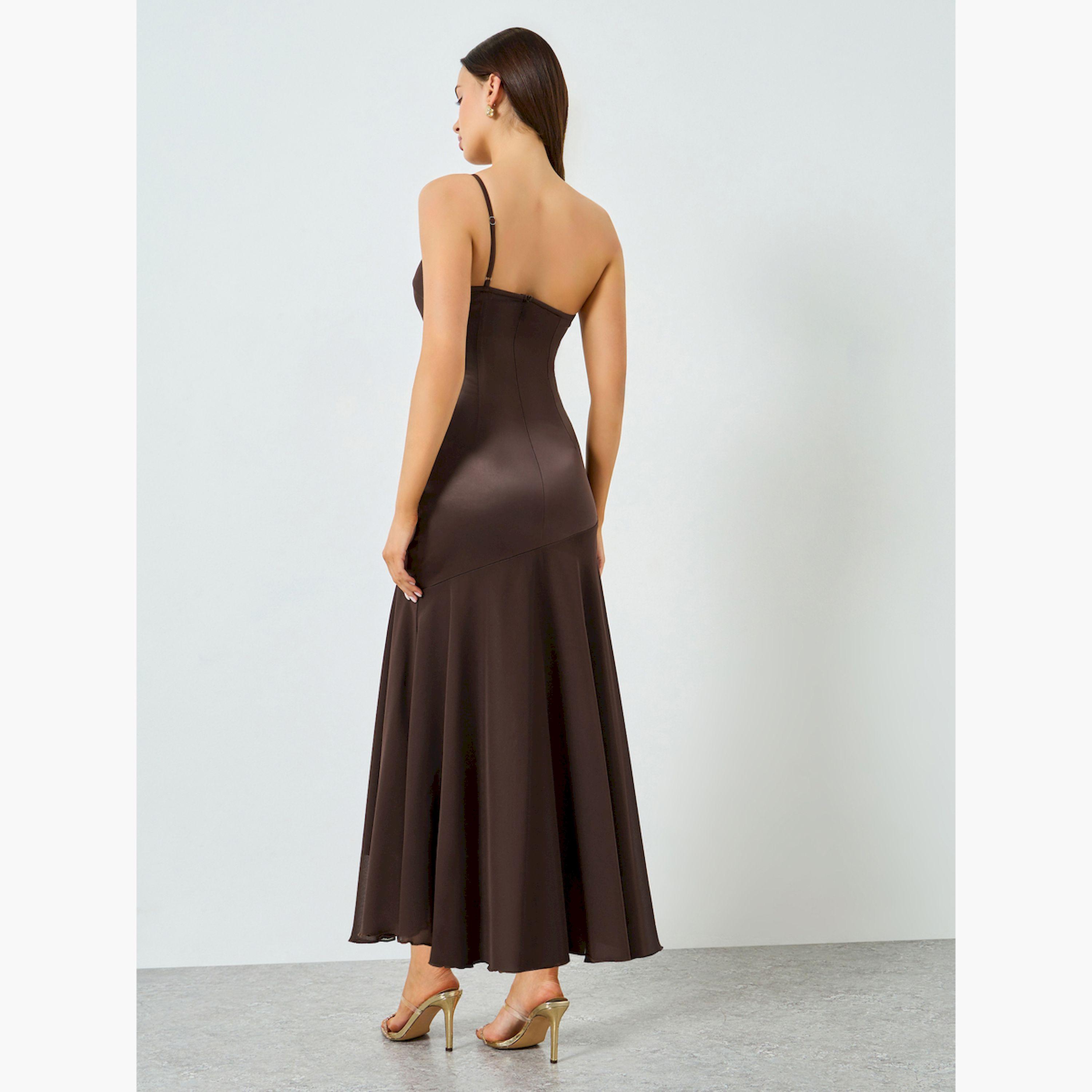 Take Two Brown Satin One Shoulder Neck Midi Dress-women-clothing-dresses-image-4