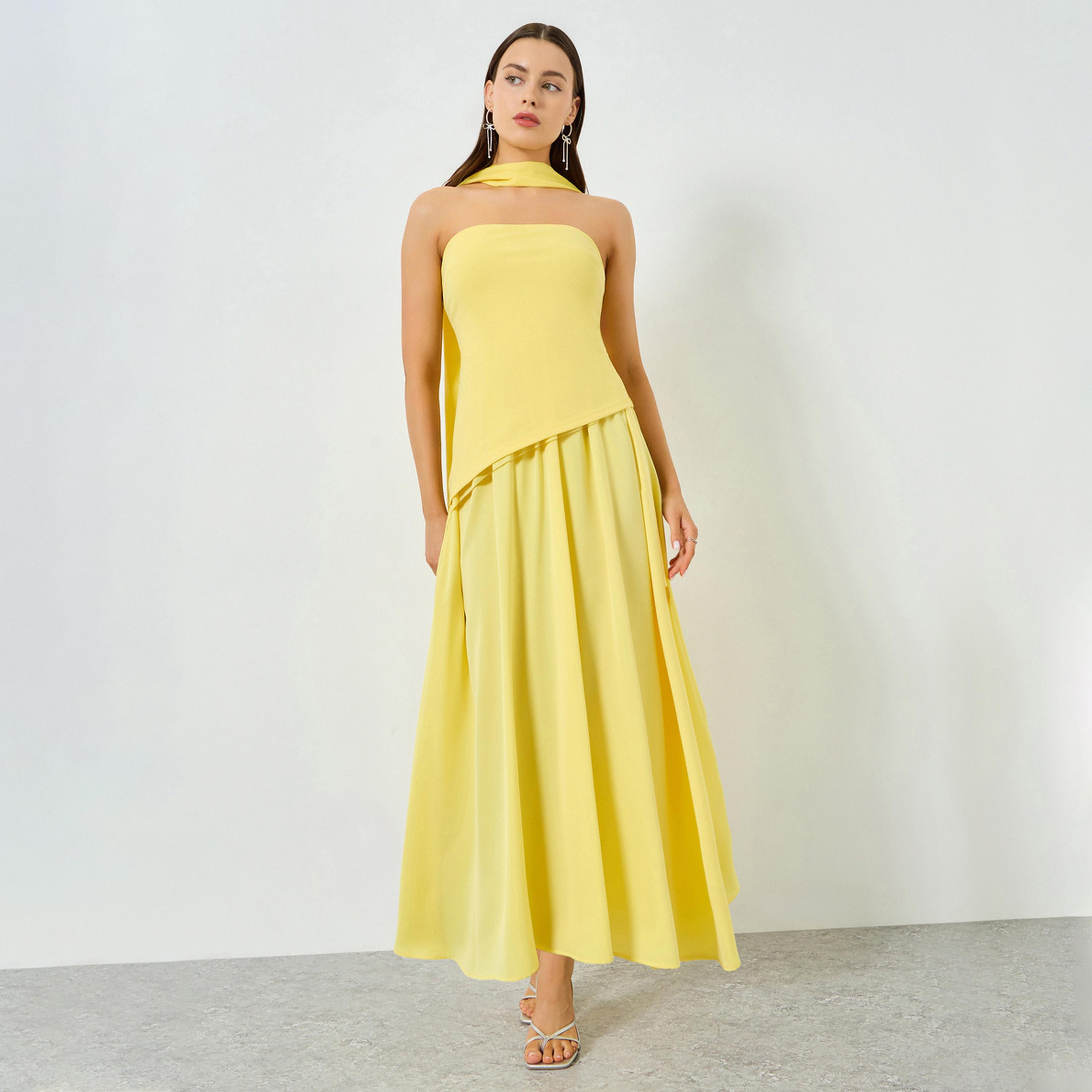 تيك تو - فستان ماكسي أصفر بدون أكمام بياقة باندو-women-clothing-dresses-image-1