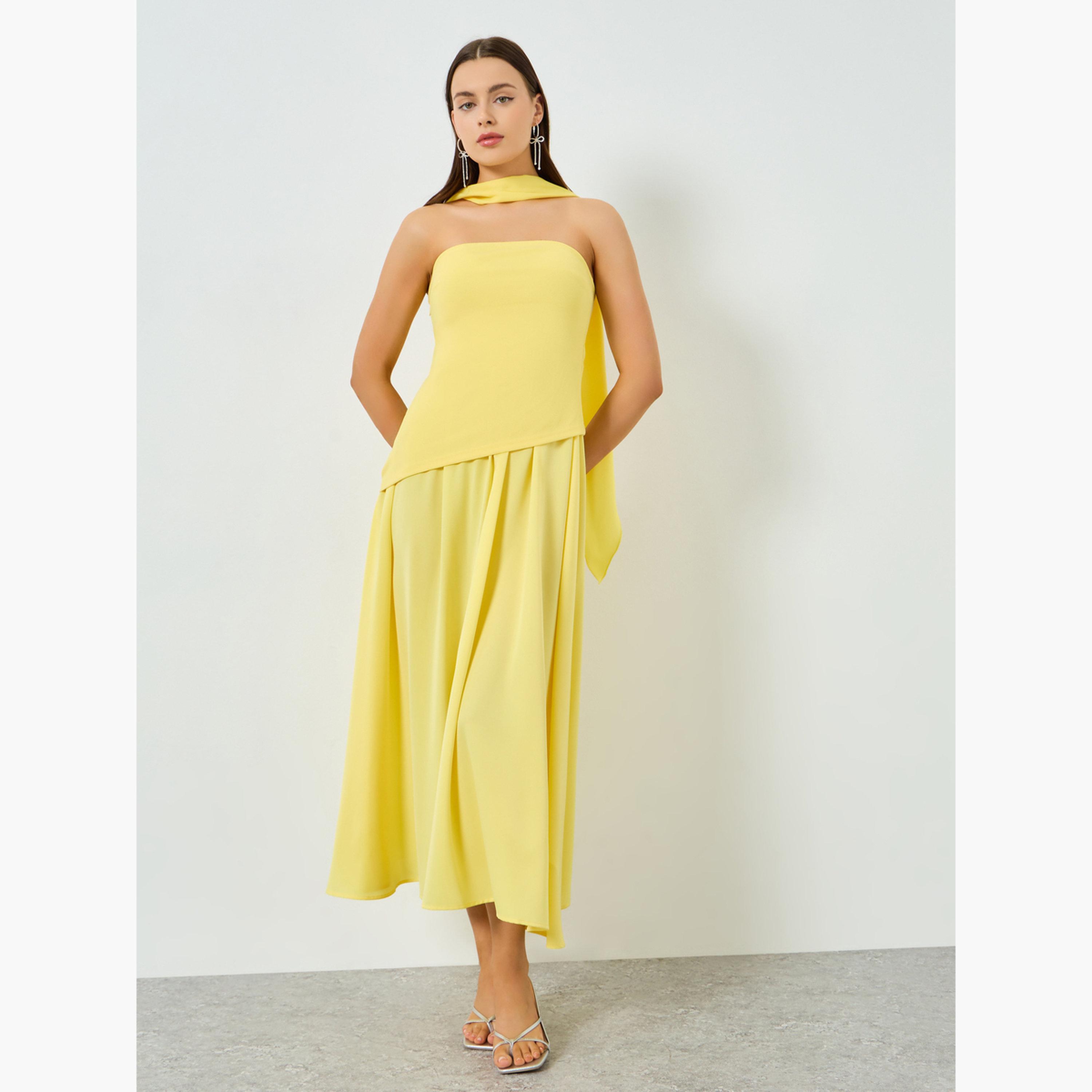 تيك تو - فستان ماكسي أصفر بدون أكمام بياقة باندو-women-clothing-dresses-image-2