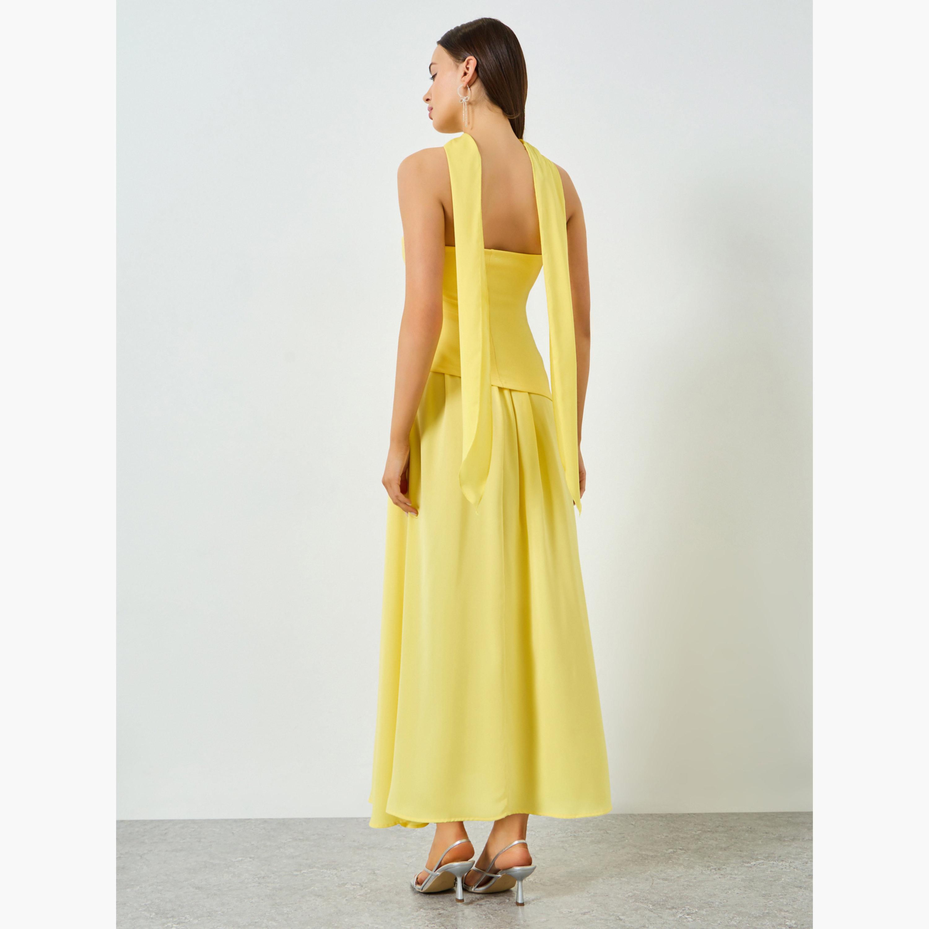 تيك تو - فستان ماكسي أصفر بدون أكمام بياقة باندو-women-clothing-dresses-image-3