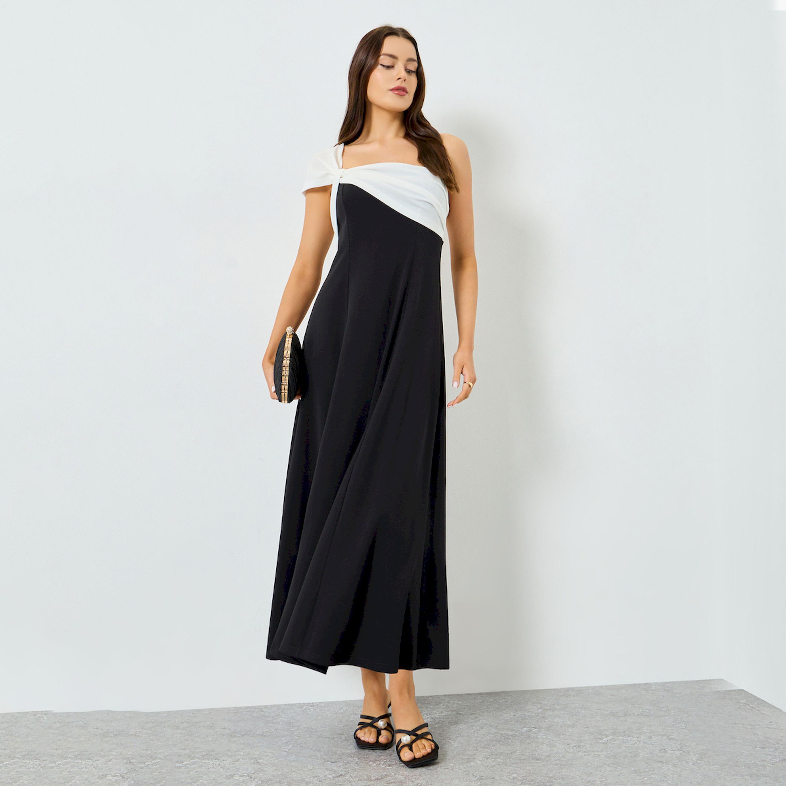 فستان طويل أسود بكتف واحد وألوان متباينة-women-clothing-dresses-image-1