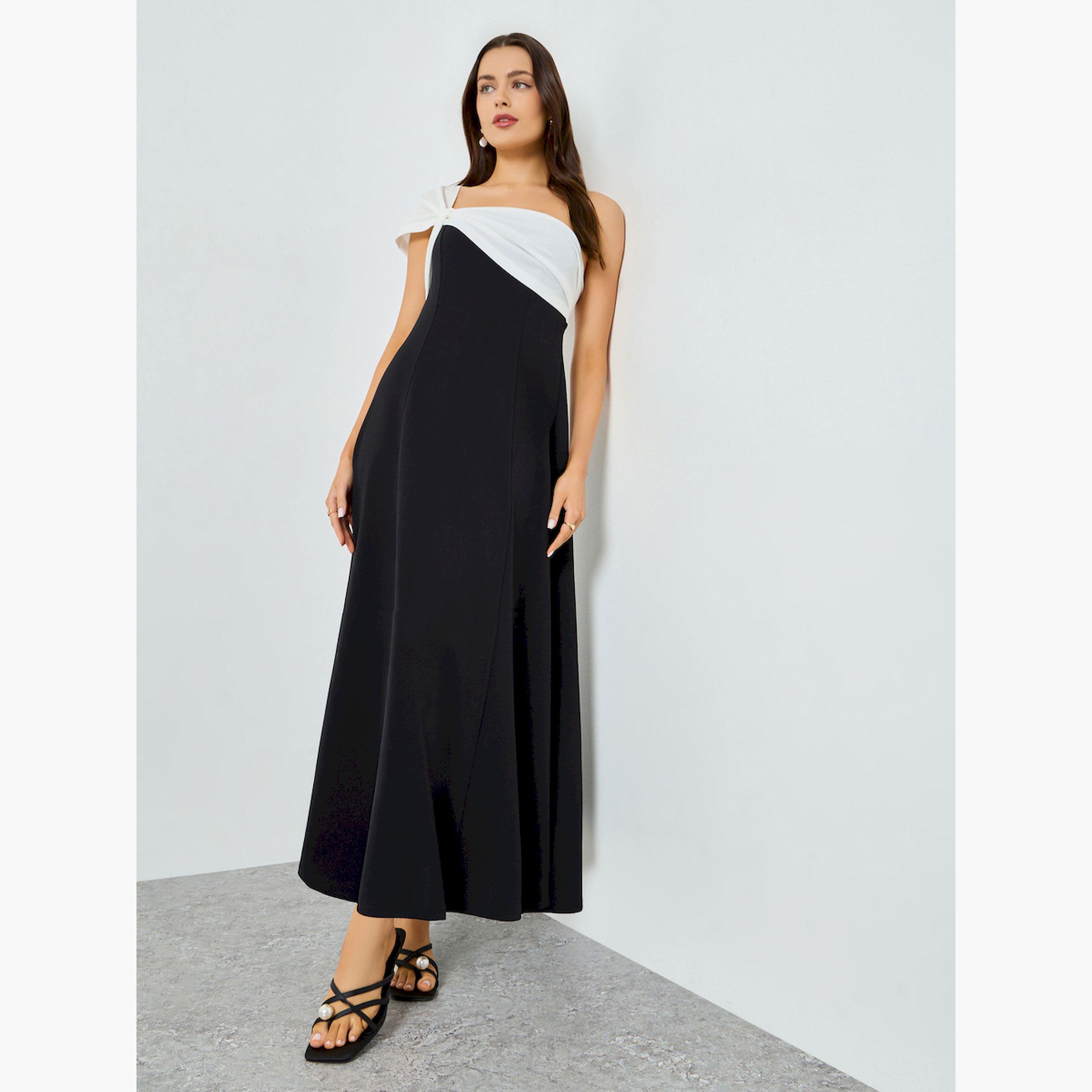فستان طويل أسود بكتف واحد وألوان متباينة-women-clothing-dresses-image-2