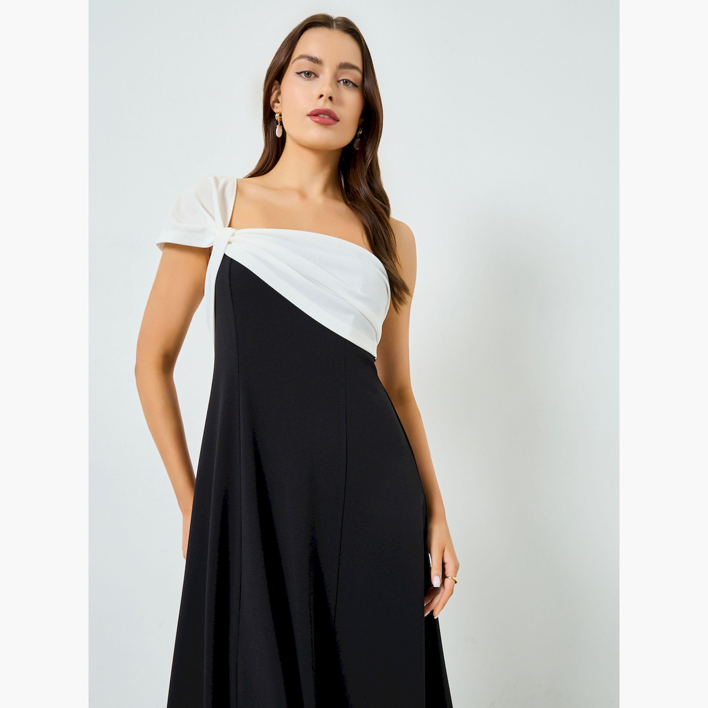 فستان طويل أسود بكتف واحد وألوان متباينة-women-clothing-dresses-image-3