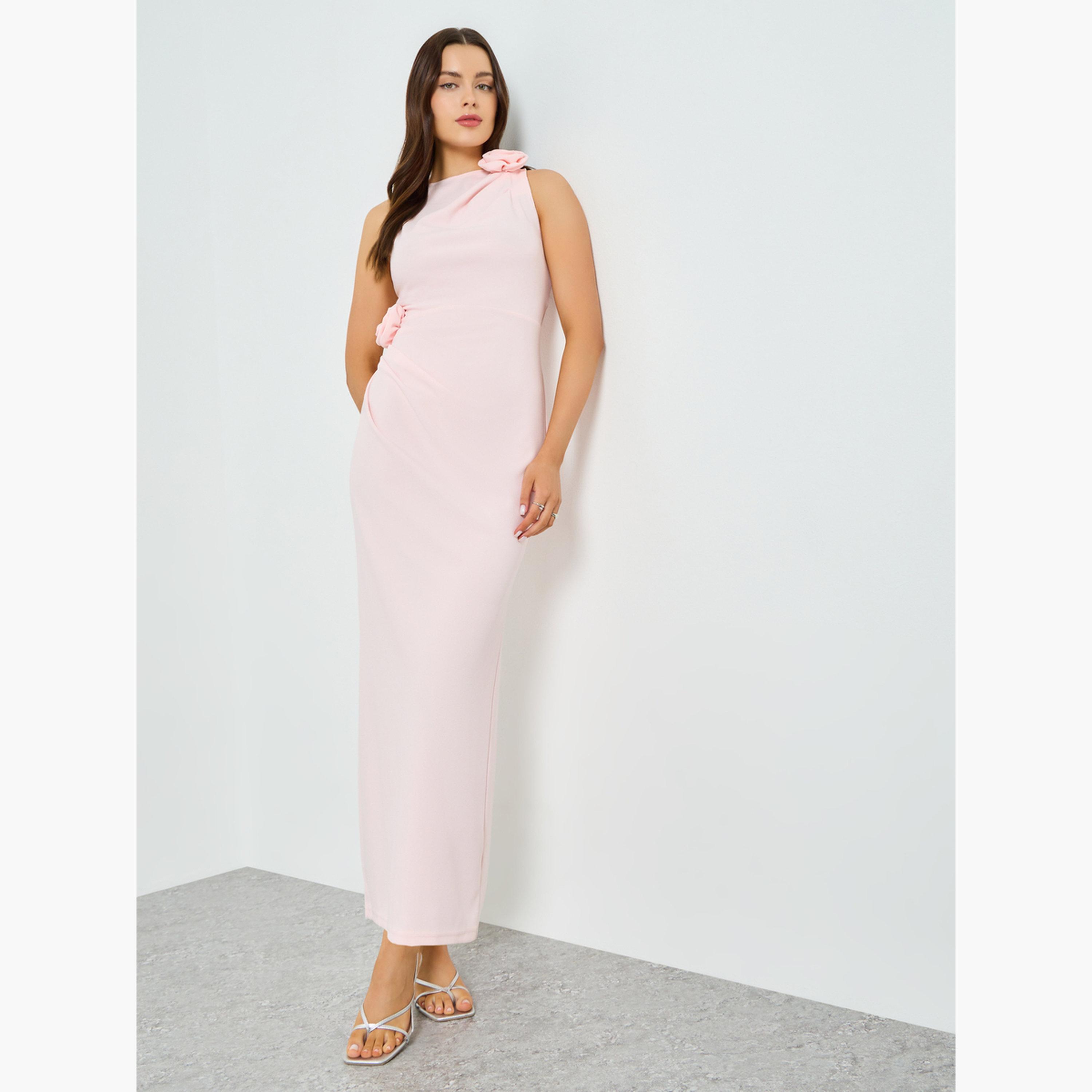 تيك تو - فستان ماكسي بدون أكمام مزين بتفاصيل زهرية مطوية باللون الوردي-women-clothing-dresses-image-2