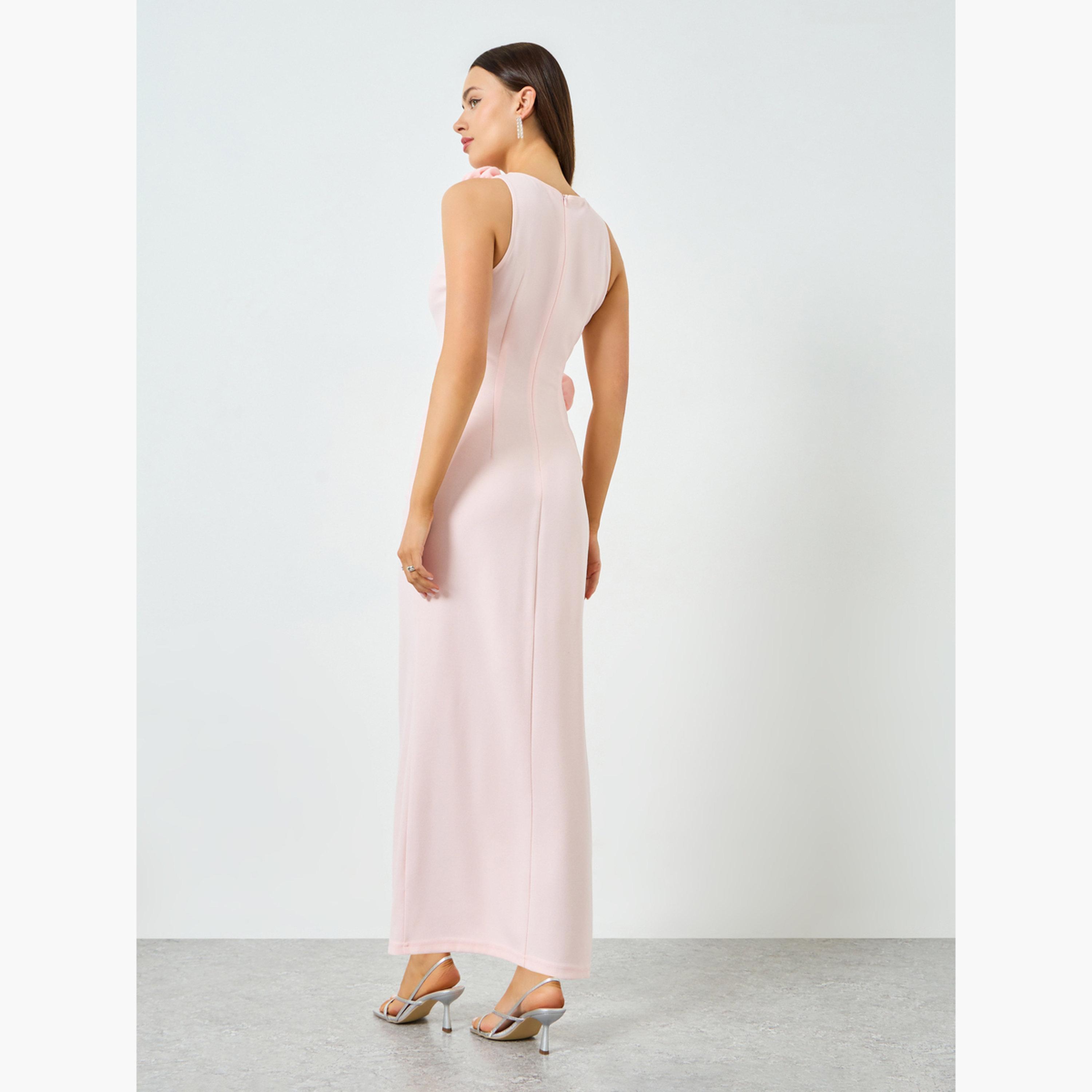 تيك تو - فستان ماكسي بدون أكمام مزين بتفاصيل زهرية مطوية باللون الوردي-women-clothing-dresses-image-3