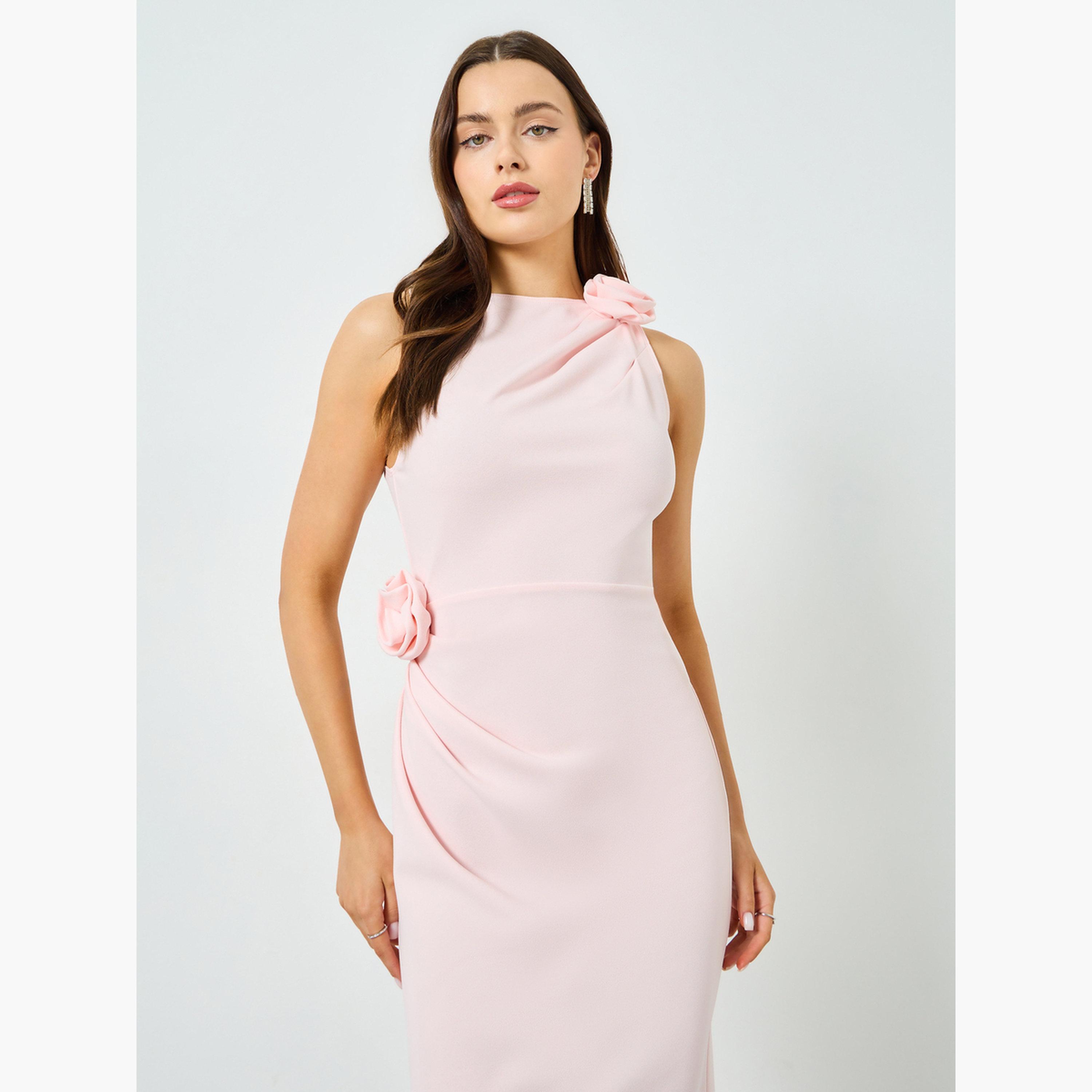 تيك تو - فستان ماكسي بدون أكمام مزين بتفاصيل زهرية مطوية باللون الوردي-women-clothing-dresses-image-4