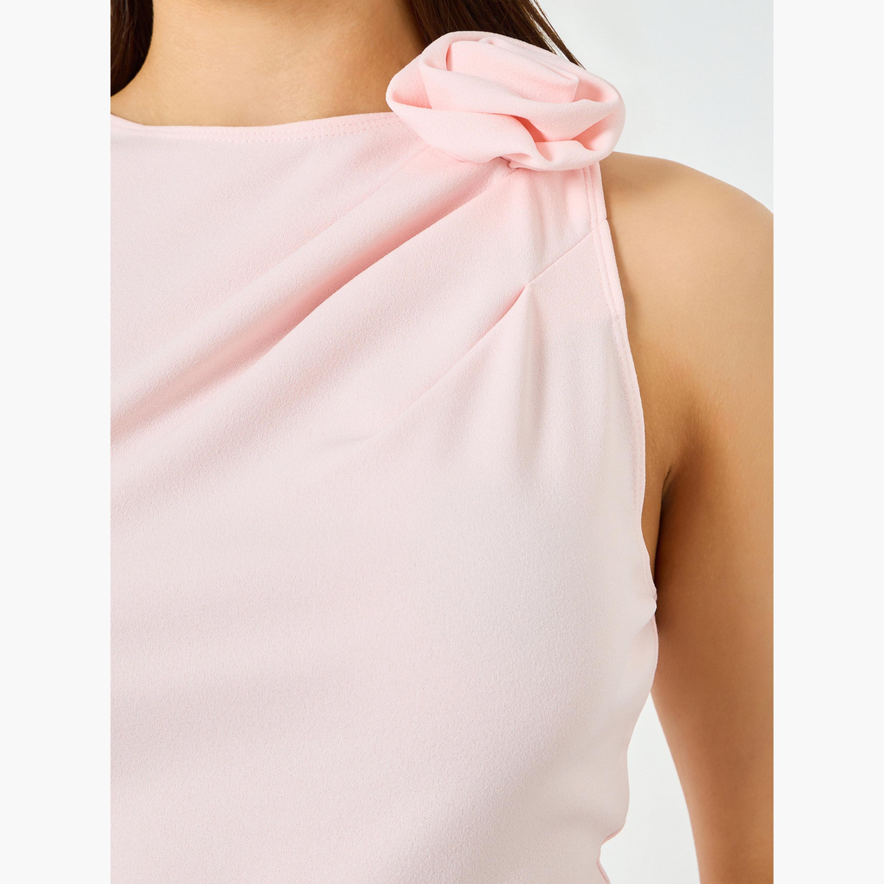 تيك تو - فستان ماكسي بدون أكمام مزين بتفاصيل زهرية مطوية باللون الوردي-women-clothing-dresses-image-5