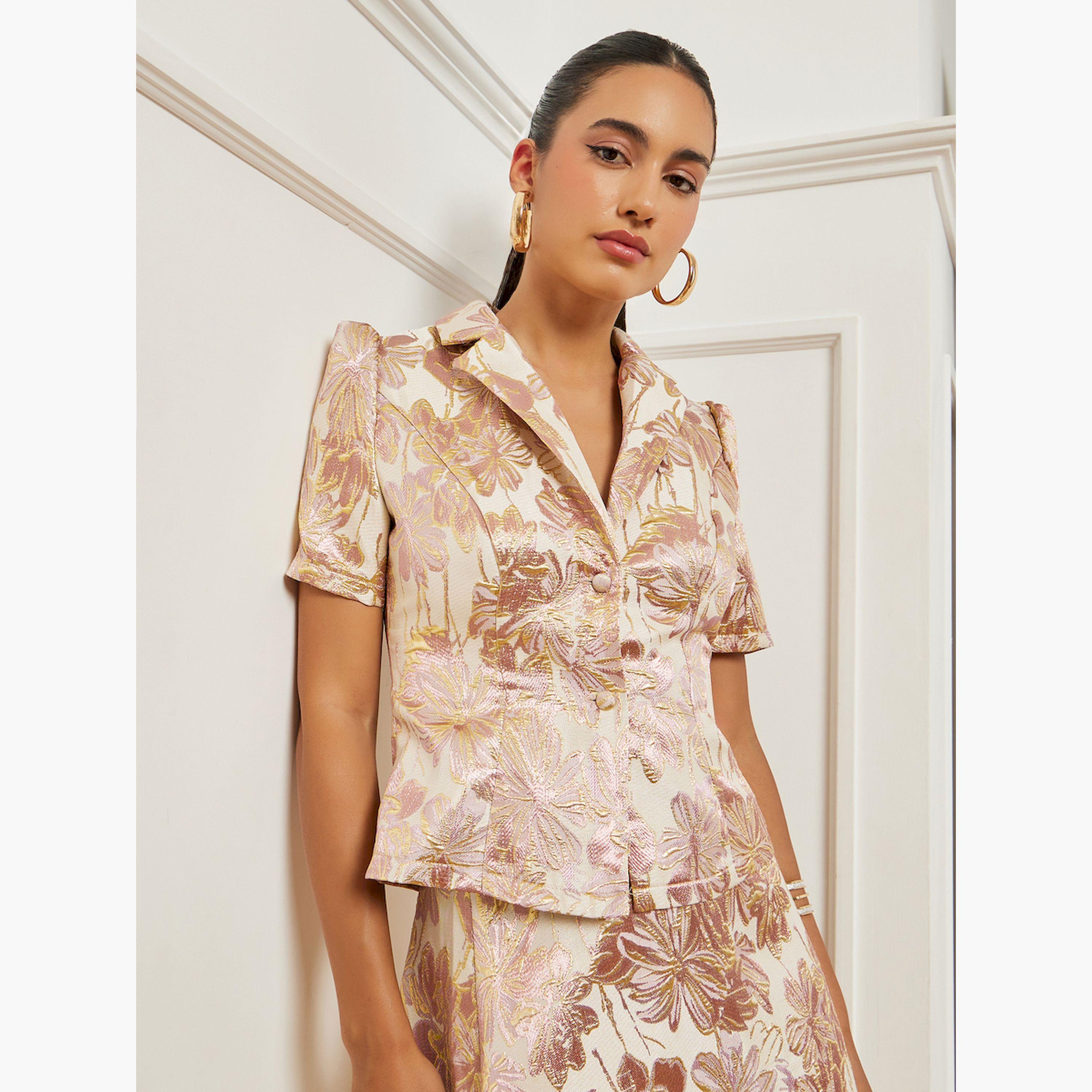 Styli Gold Floral Jacquard Lapel Collar Shirt-women-clothing-shirtsandblouses-blouses-image-1