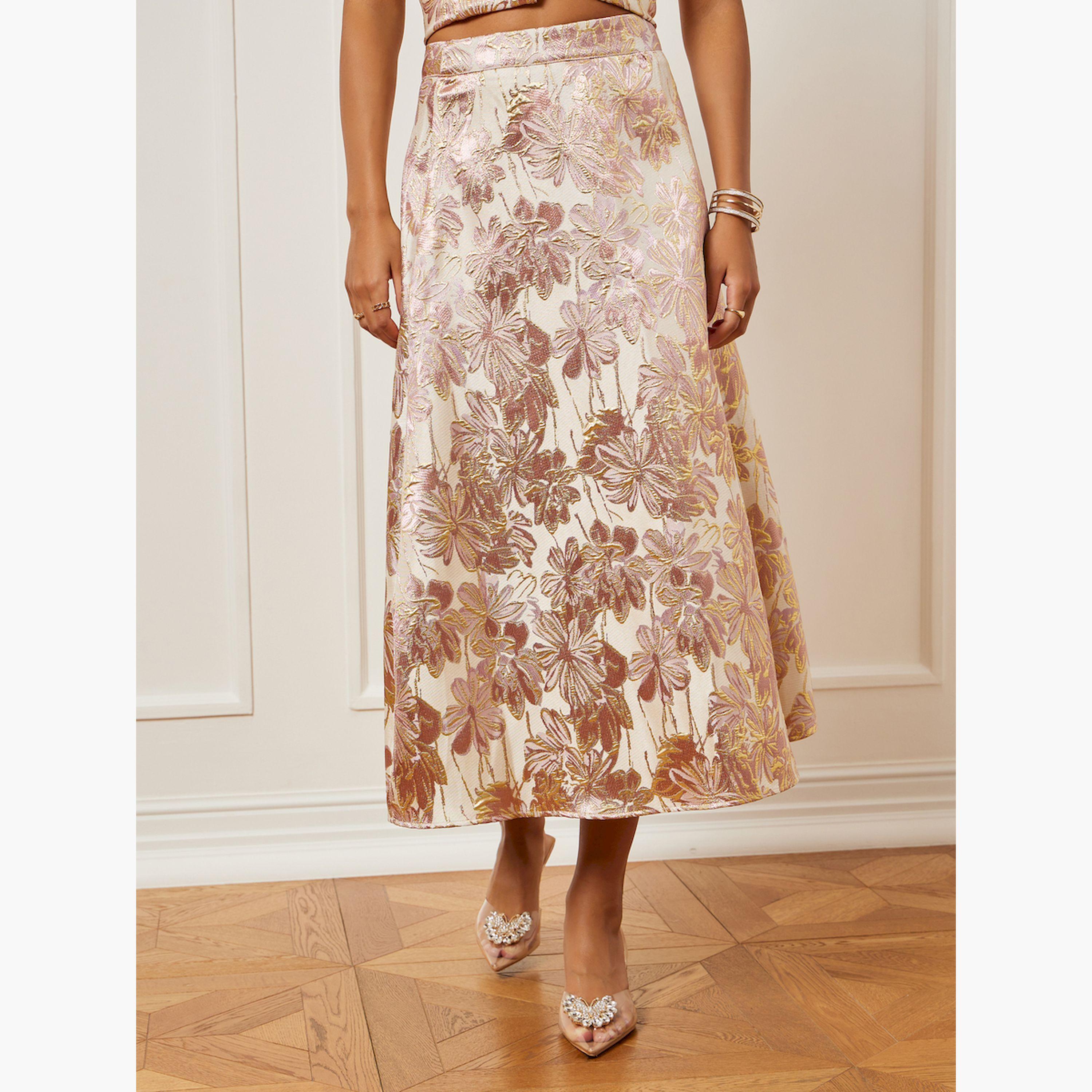 تنورة ميدي مزينة بزهور جاكار ذهبية-women-clothing-bottoms-skirts-image-1