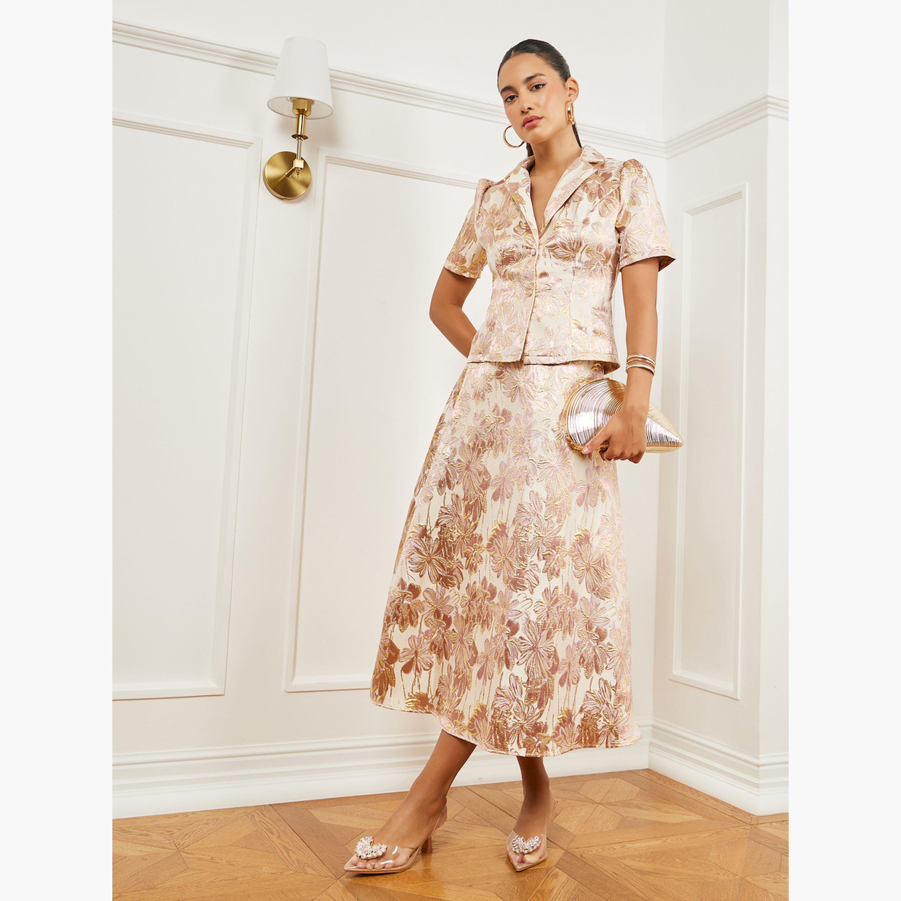 Styli Gold Floral Jacquard Midi Skirt-women-clothing-bottoms-skirts-image-2