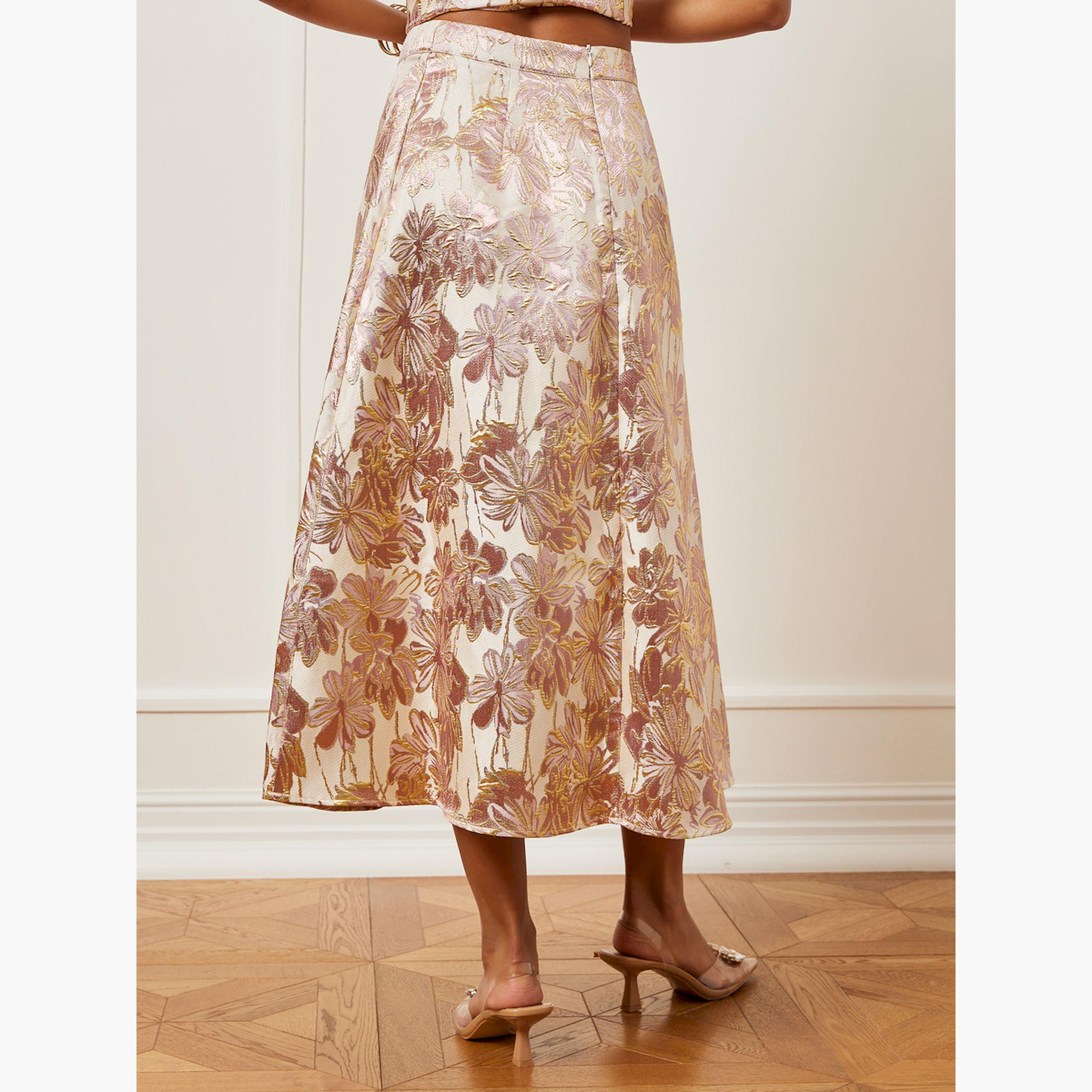 تنورة ميدي مزينة بزهور جاكار ذهبية-women-clothing-bottoms-skirts-image-4