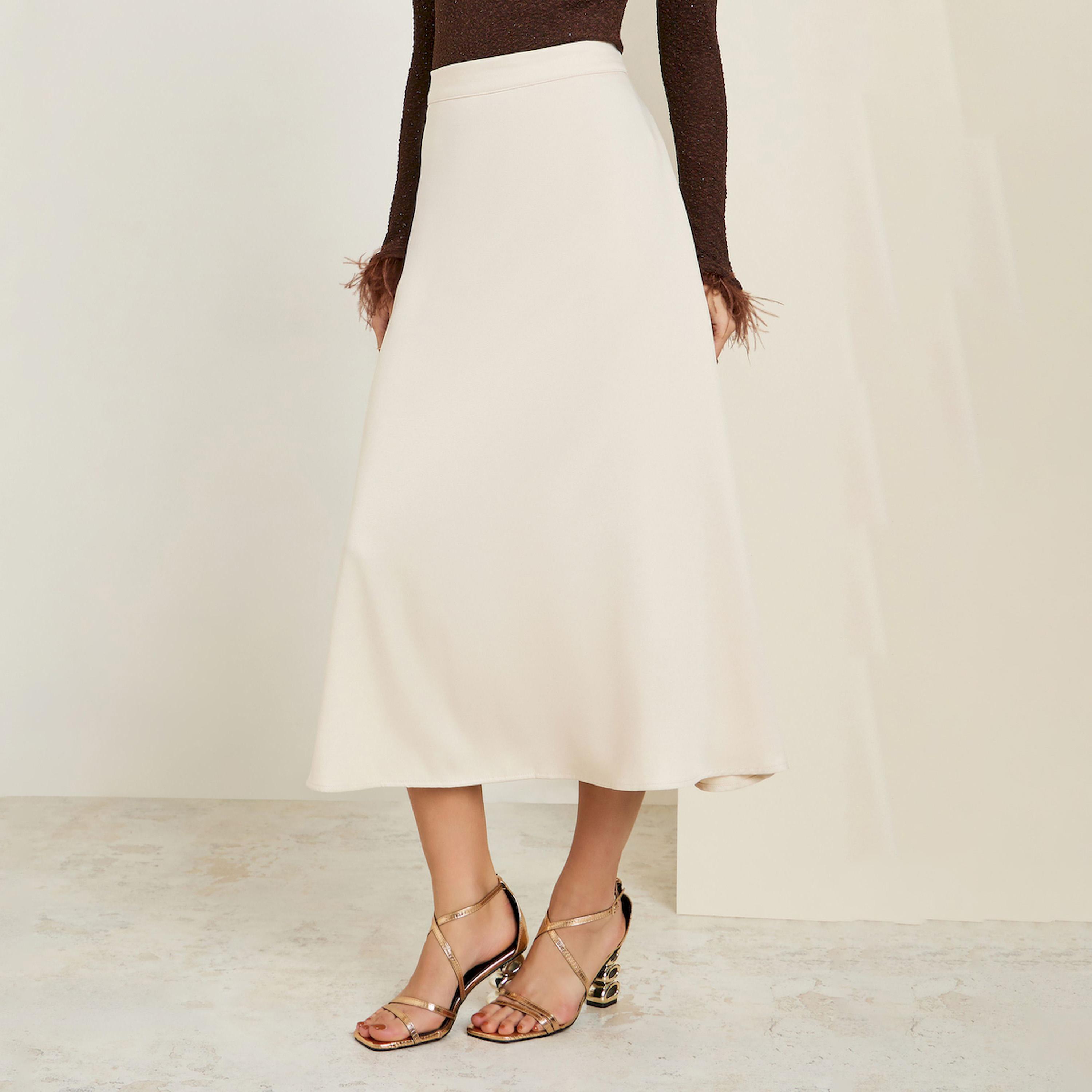Styli Women Cream Flared Midi Skirt-women-clothing-bottoms-skirts-image-1
