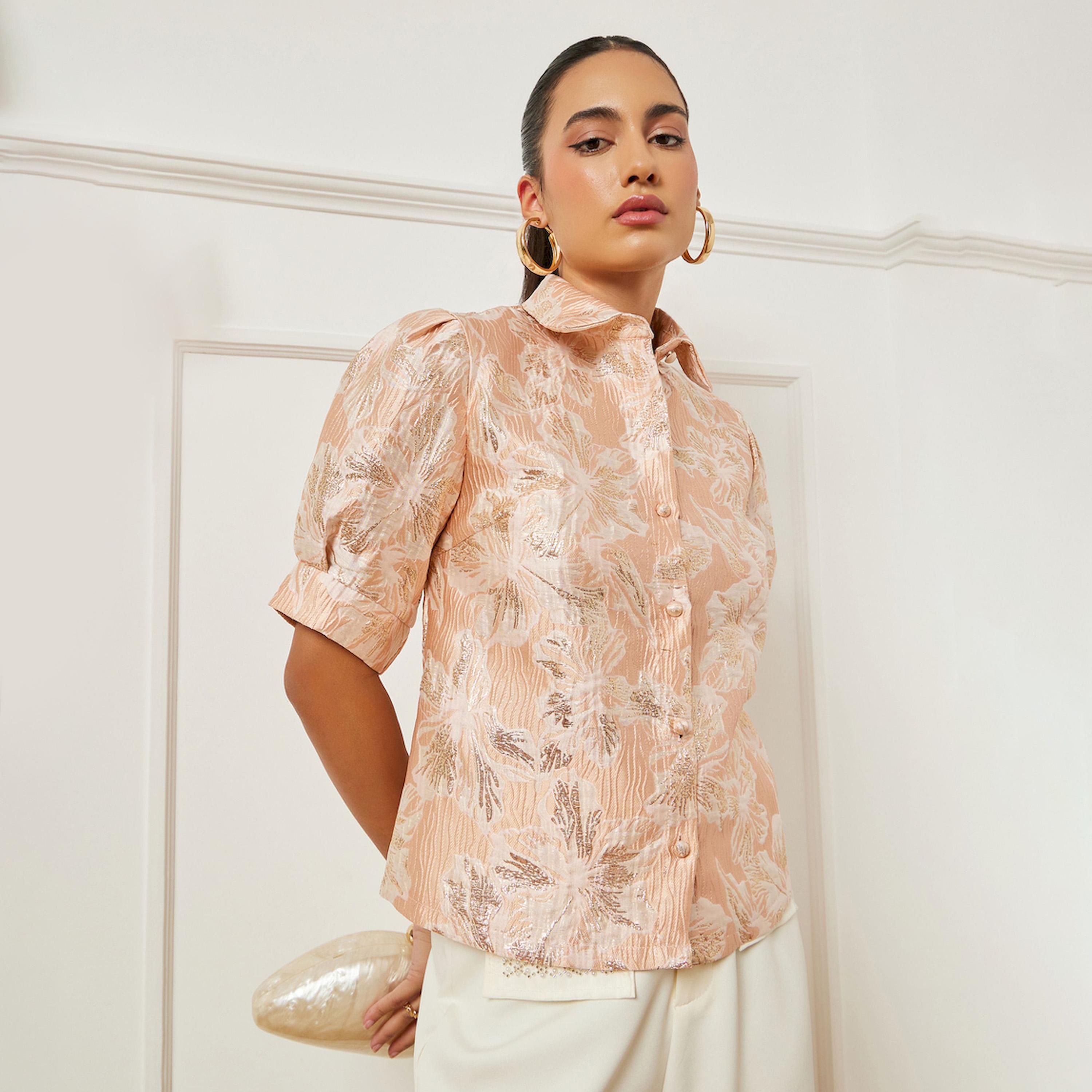 بلوزة جاكار بنقشة الزهور وأكمام منفوخة-women-clothing-shirtsandblouses-blouses-image-1