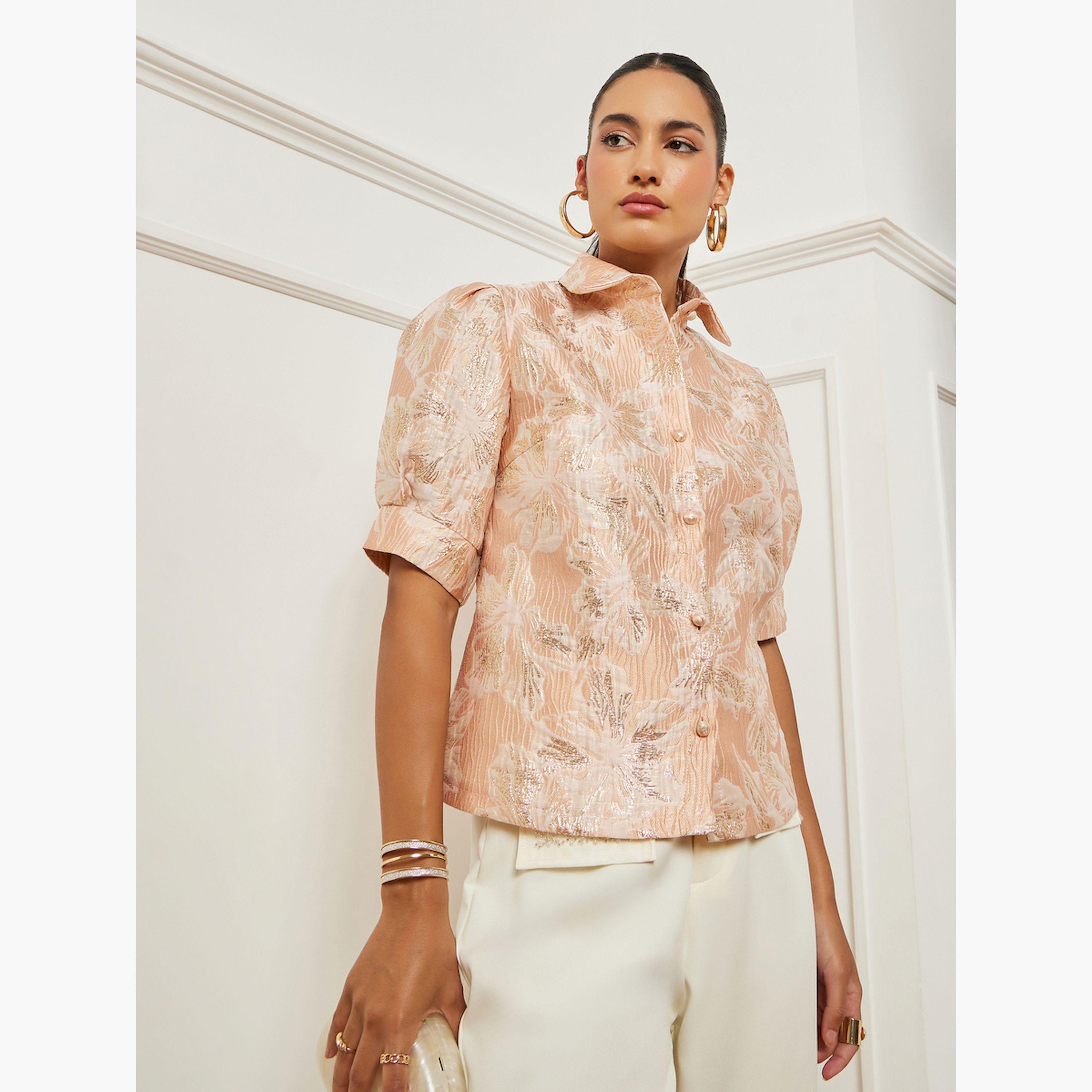 بلوزة جاكار بنقشة الزهور وأكمام منفوخة-women-clothing-shirtsandblouses-blouses-image-3
