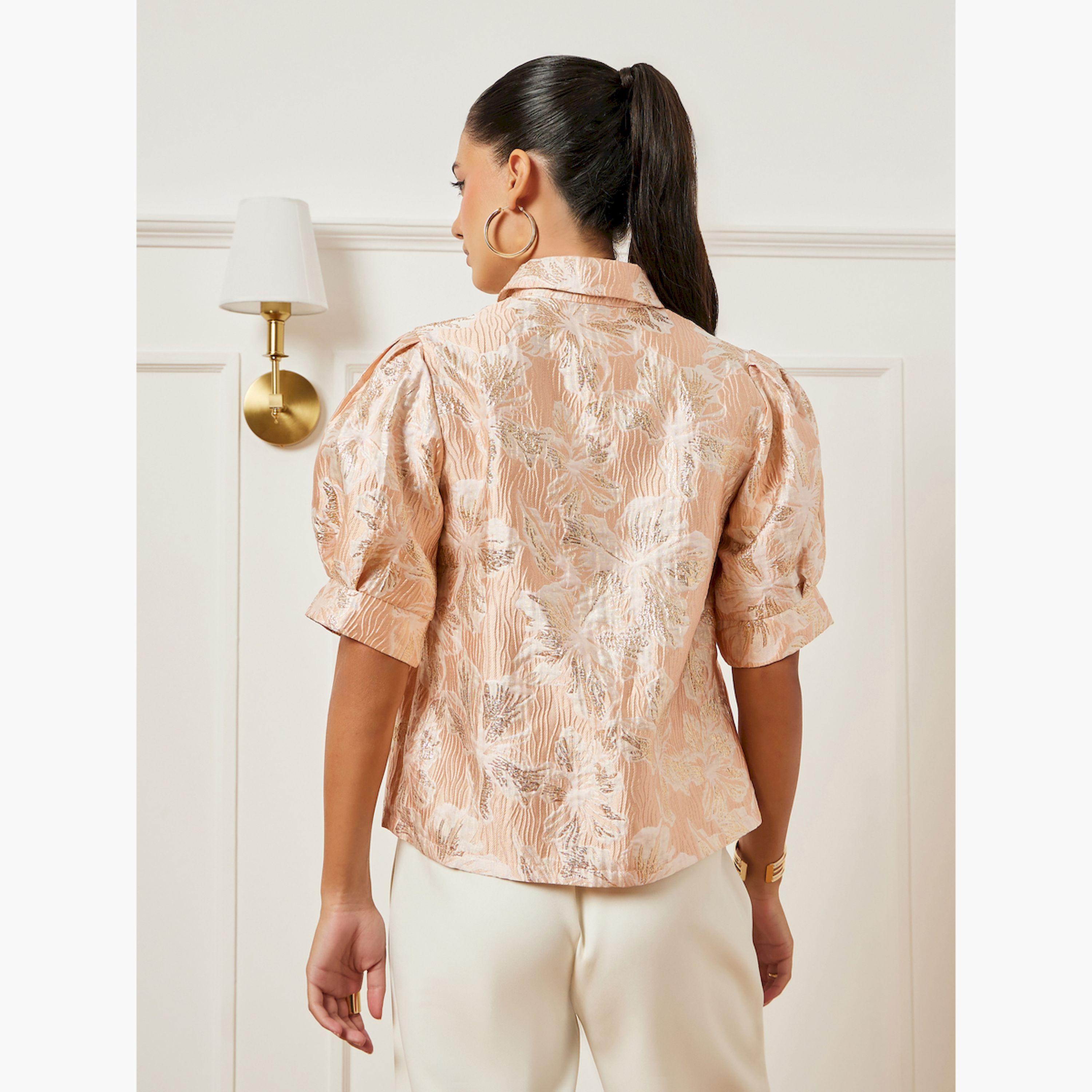 بلوزة جاكار بنقشة الزهور وأكمام منفوخة-women-clothing-shirtsandblouses-blouses-image-4