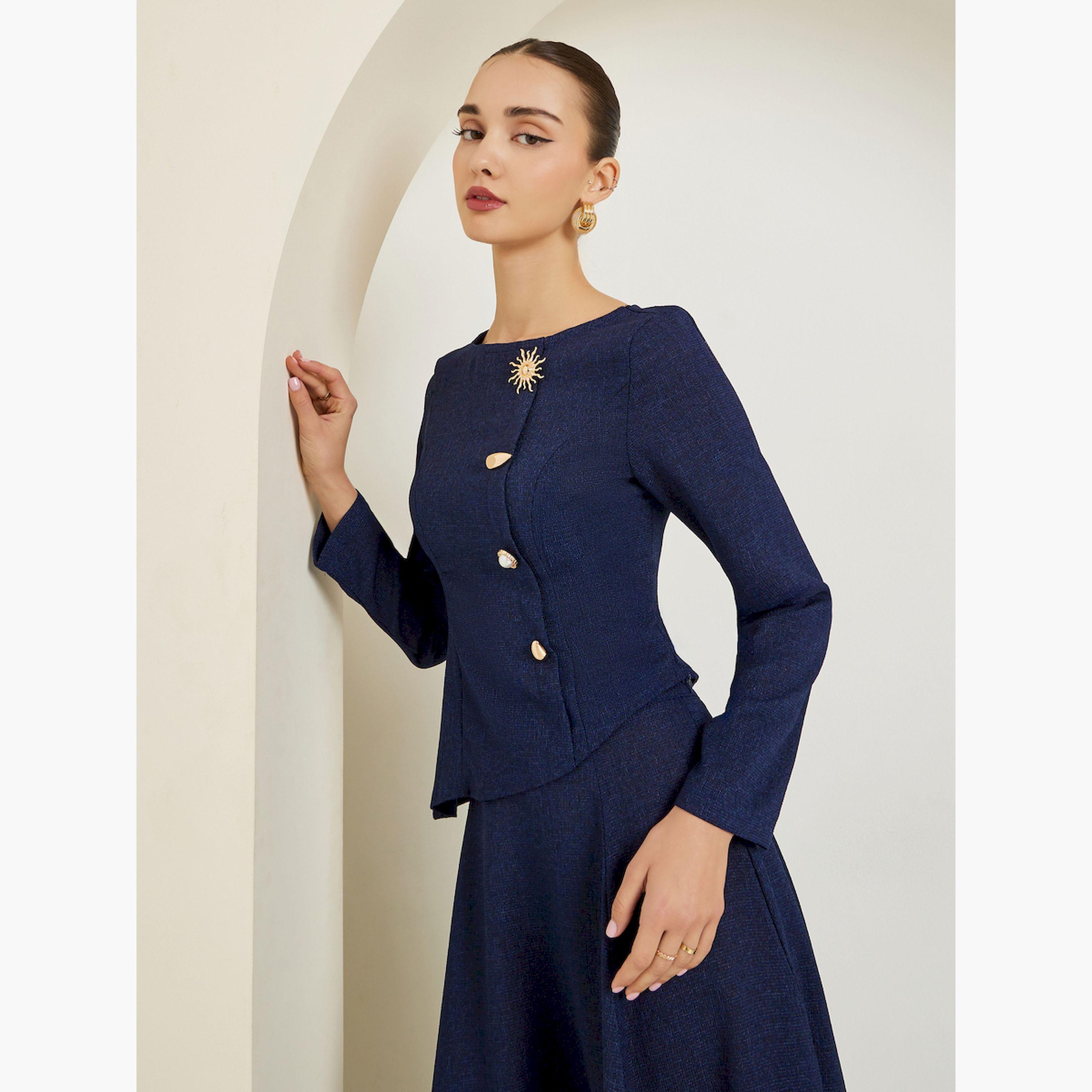 Styli Navy Blue Embellished Button Tweed Top-women-clothing-shirtsandblouses-blouses-image-3