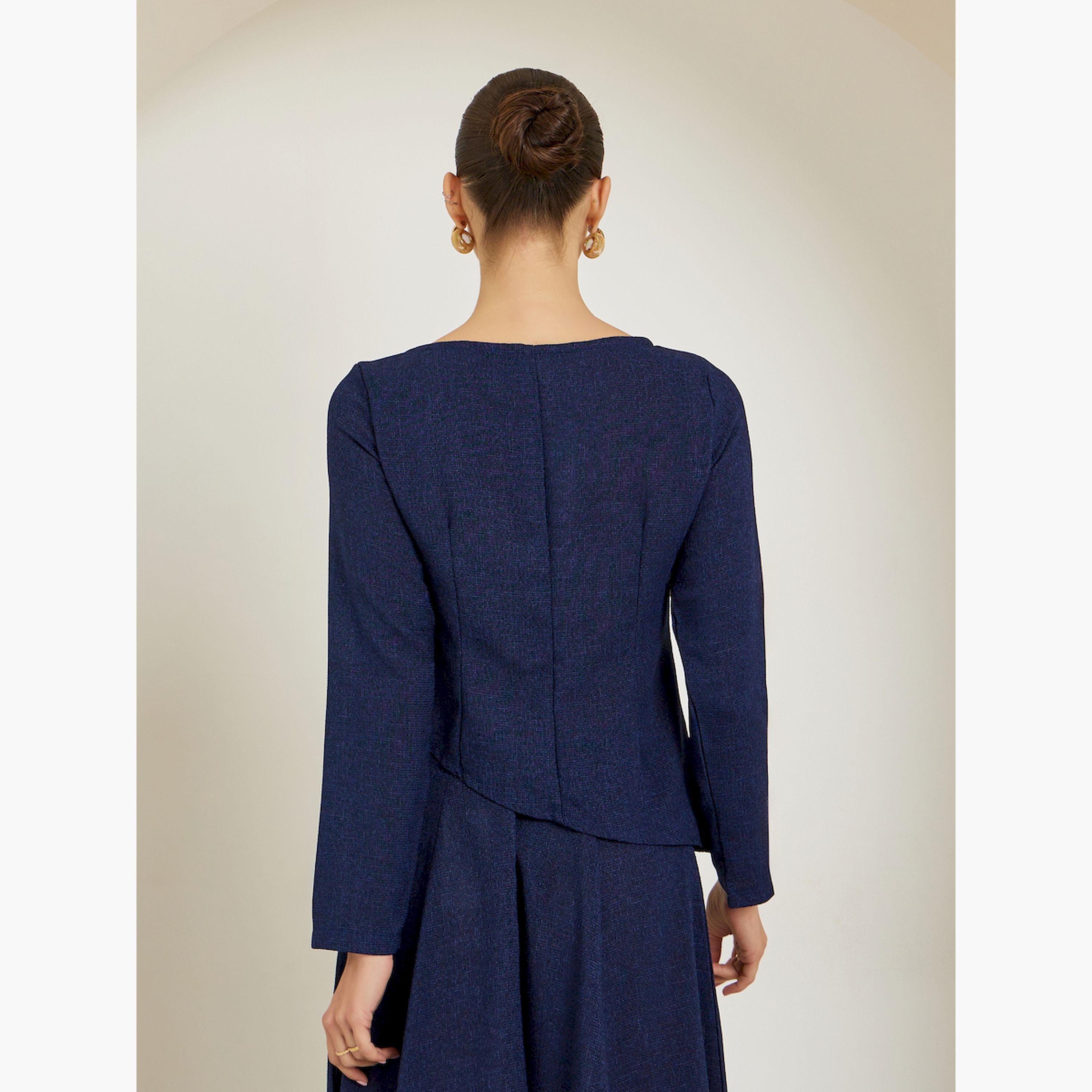 Styli Navy Blue Embellished Button Tweed Top-women-clothing-shirtsandblouses-blouses-image-4