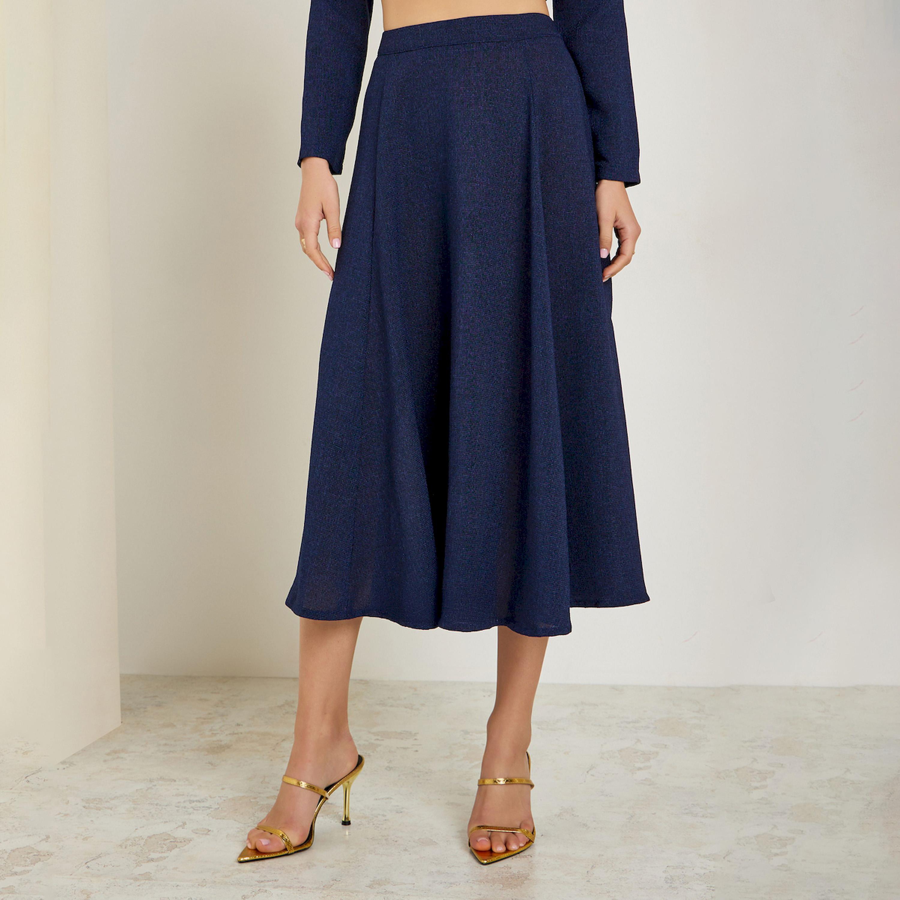 Styli Navy Blue Tweed A-Line Midi Skirt-women-clothing-bottoms-skirts-image-1
