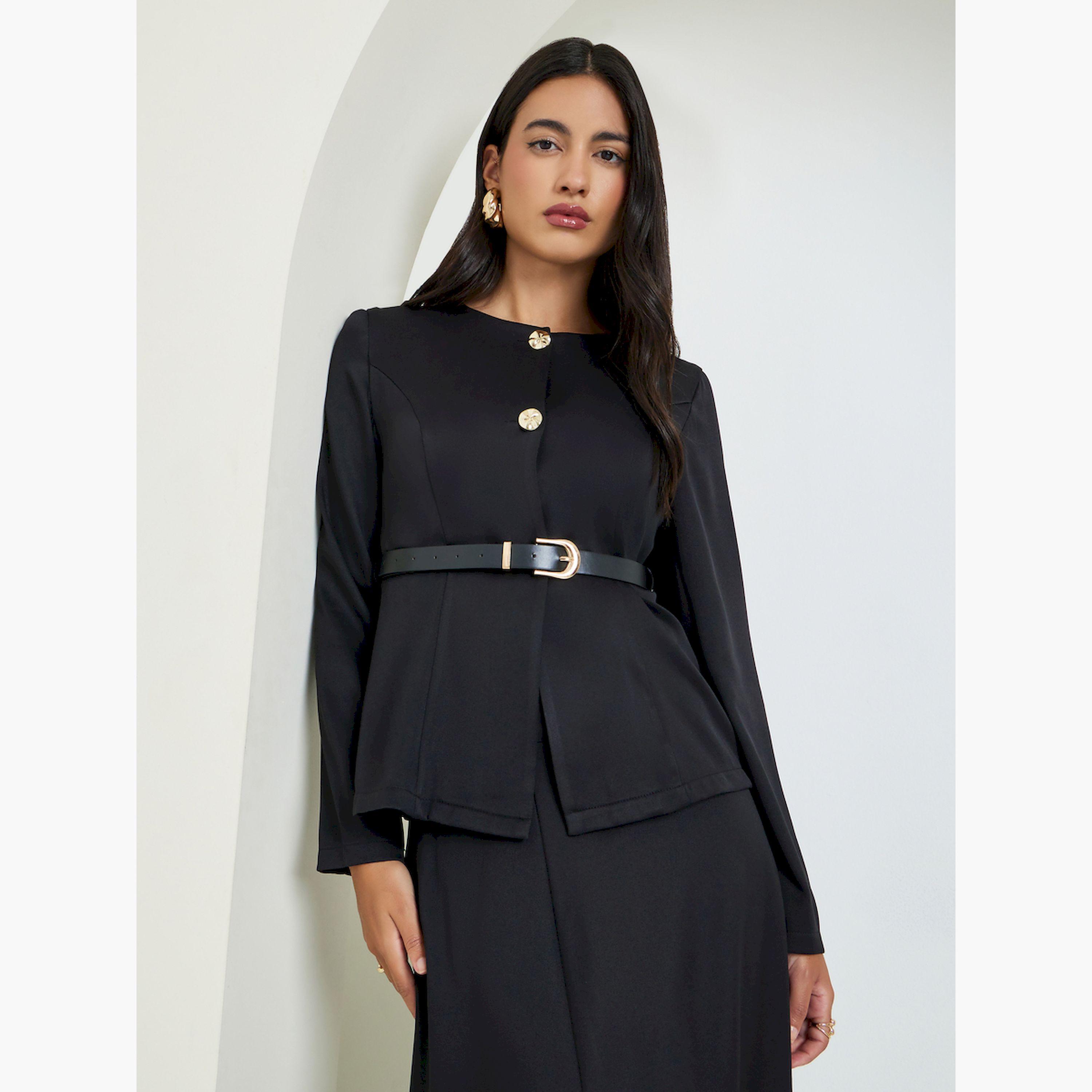 Styli Black Belted Top with Button Detail-women-clothing-shirtsandblouses-blouses-image-1