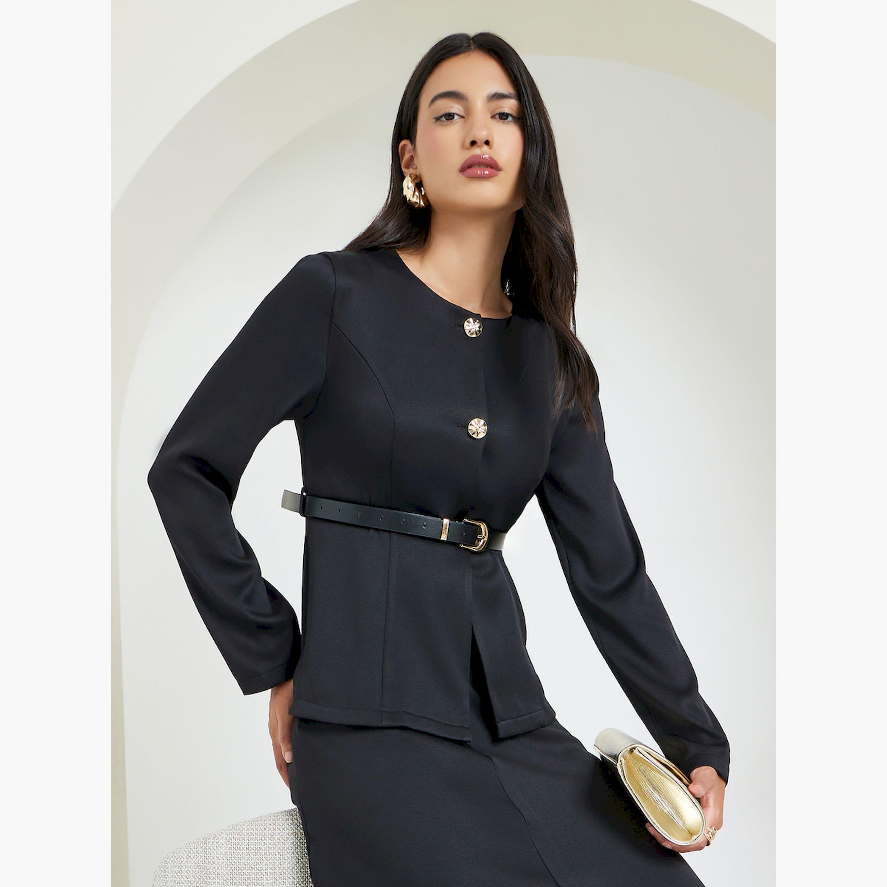 Styli Black Belted Top with Button Detail-women-clothing-shirtsandblouses-blouses-image-3