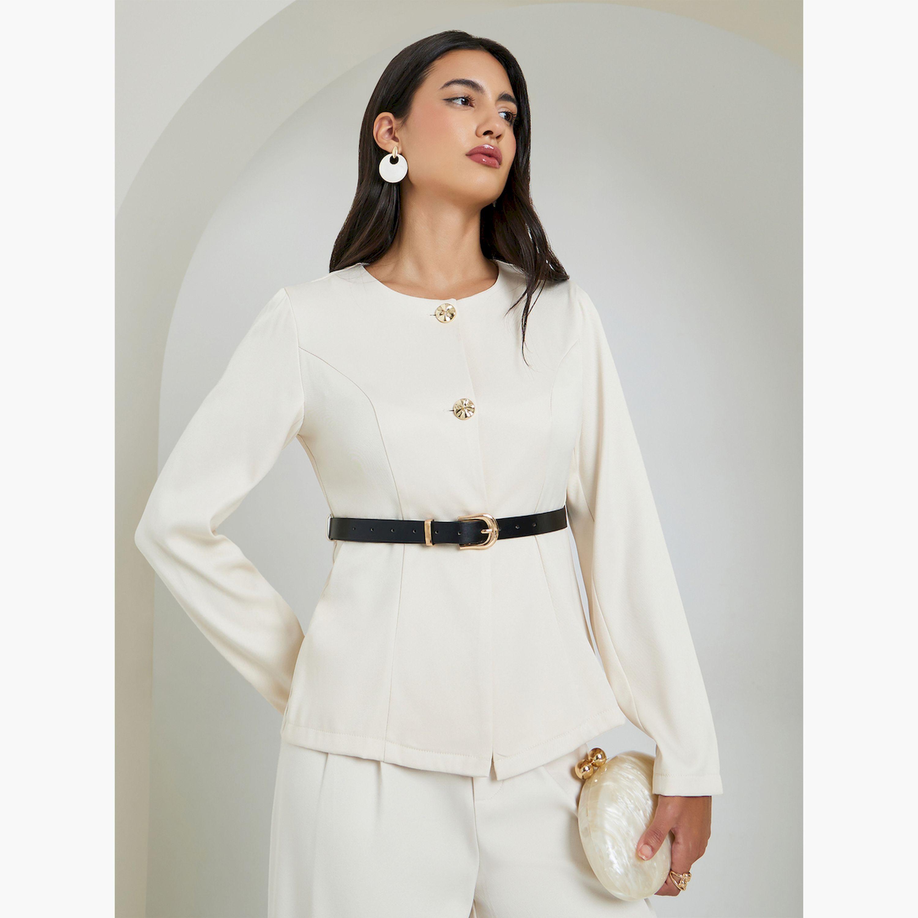 Styli Off White Belted Top with Button Detail-women-clothing-shirtsandblouses-blouses-image-1