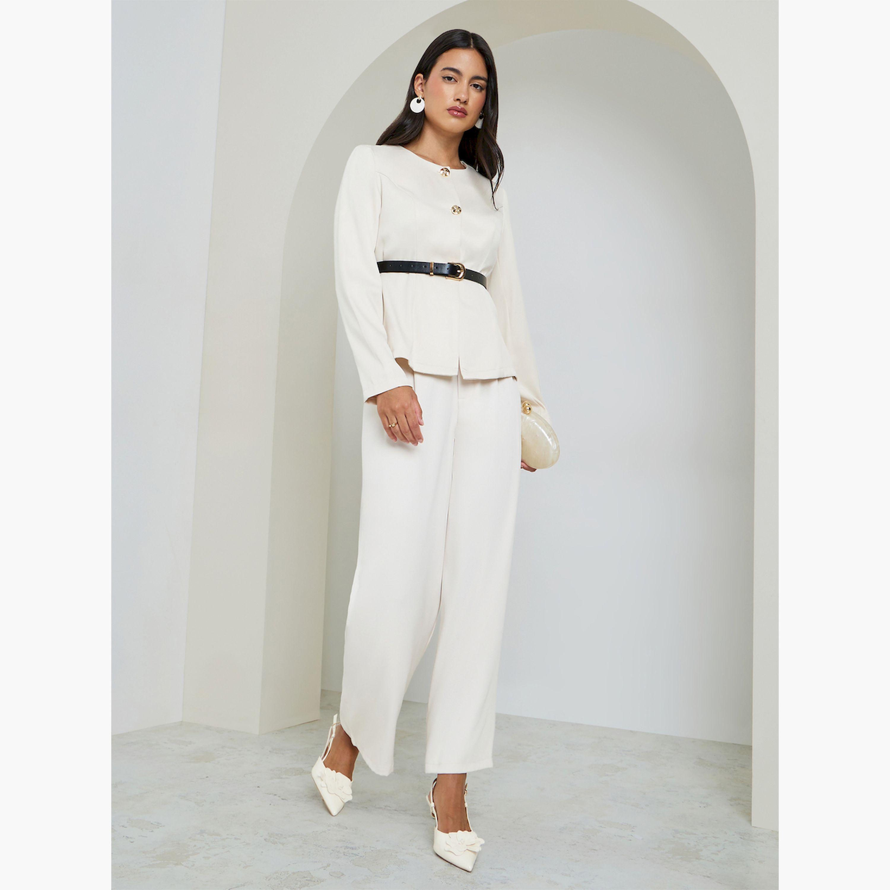 Styli Off White Belted Top with Button Detail-women-clothing-shirtsandblouses-blouses-image-2